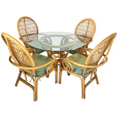 Rattan Bamboo McGuire Style Dining Set Glass Table Four Chairs