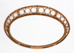 Spanish Midcentury Rattan Bamboo Oval Mirror, 1960s
