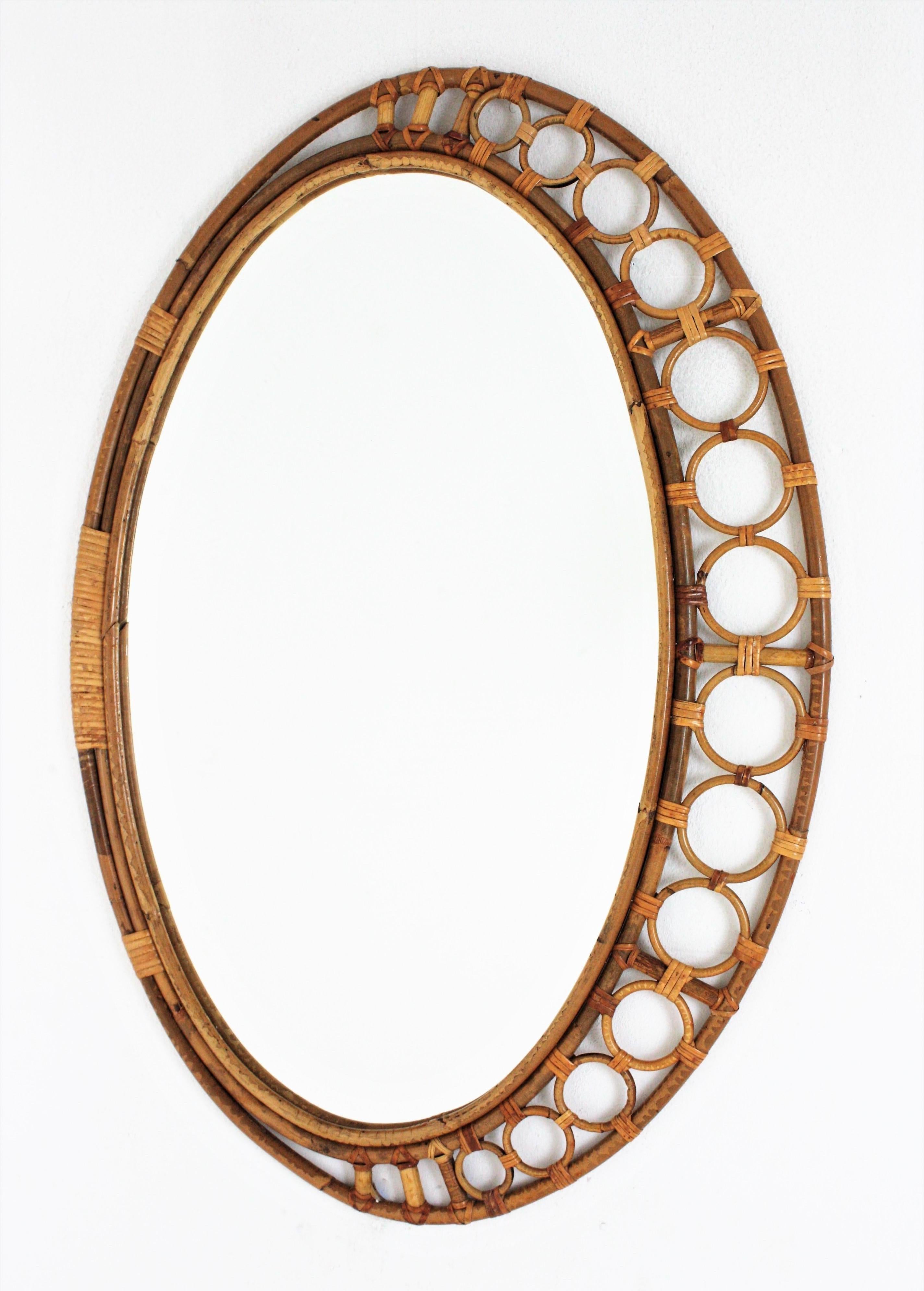 Mid-Century Modern Rattan Bamboo Oval Mirror For Sale