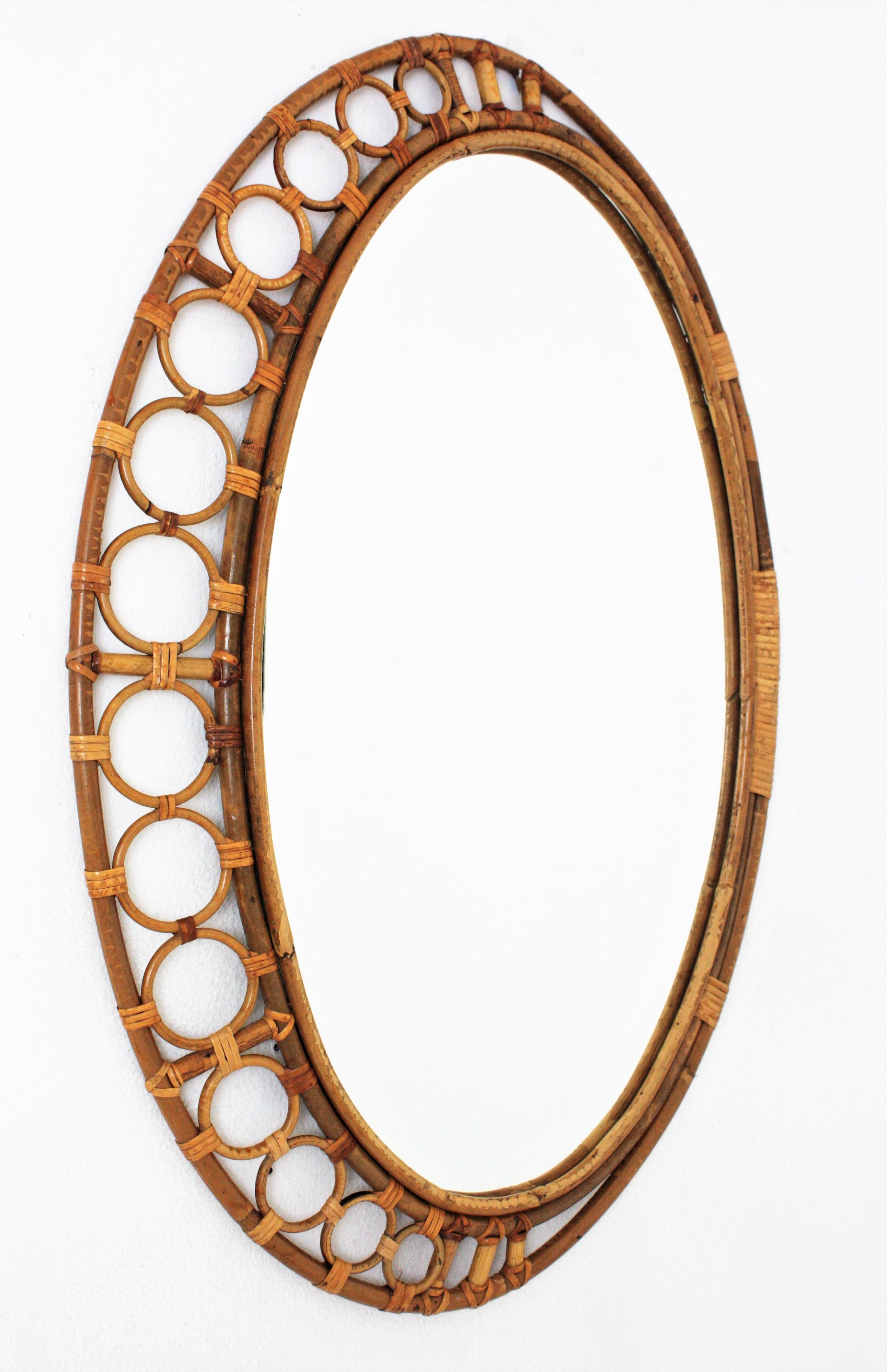 Spanish Rattan Bamboo Oval Mirror For Sale