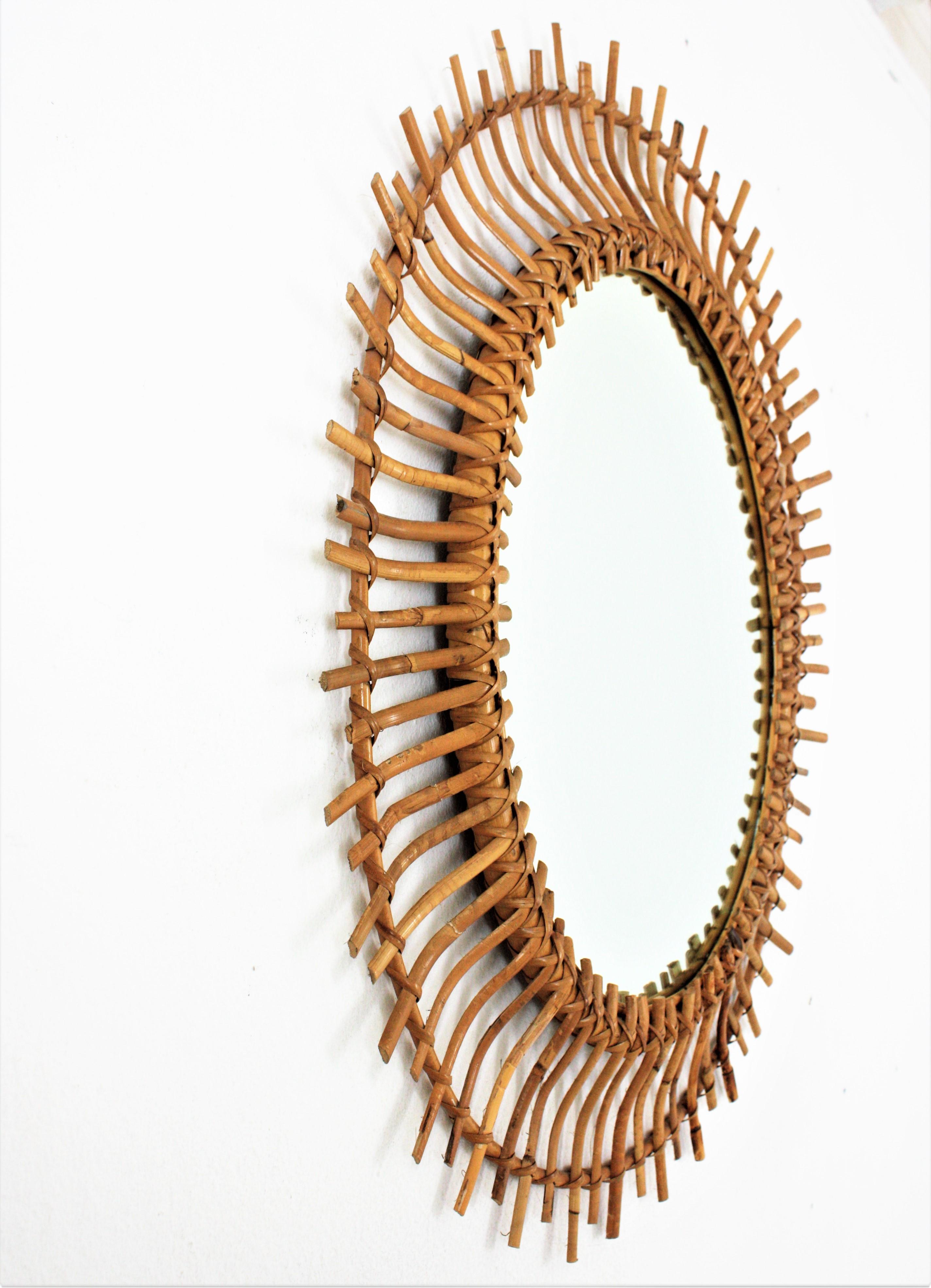 Spanish Rattan Bamboo Oval Sunburst Mirror For Sale