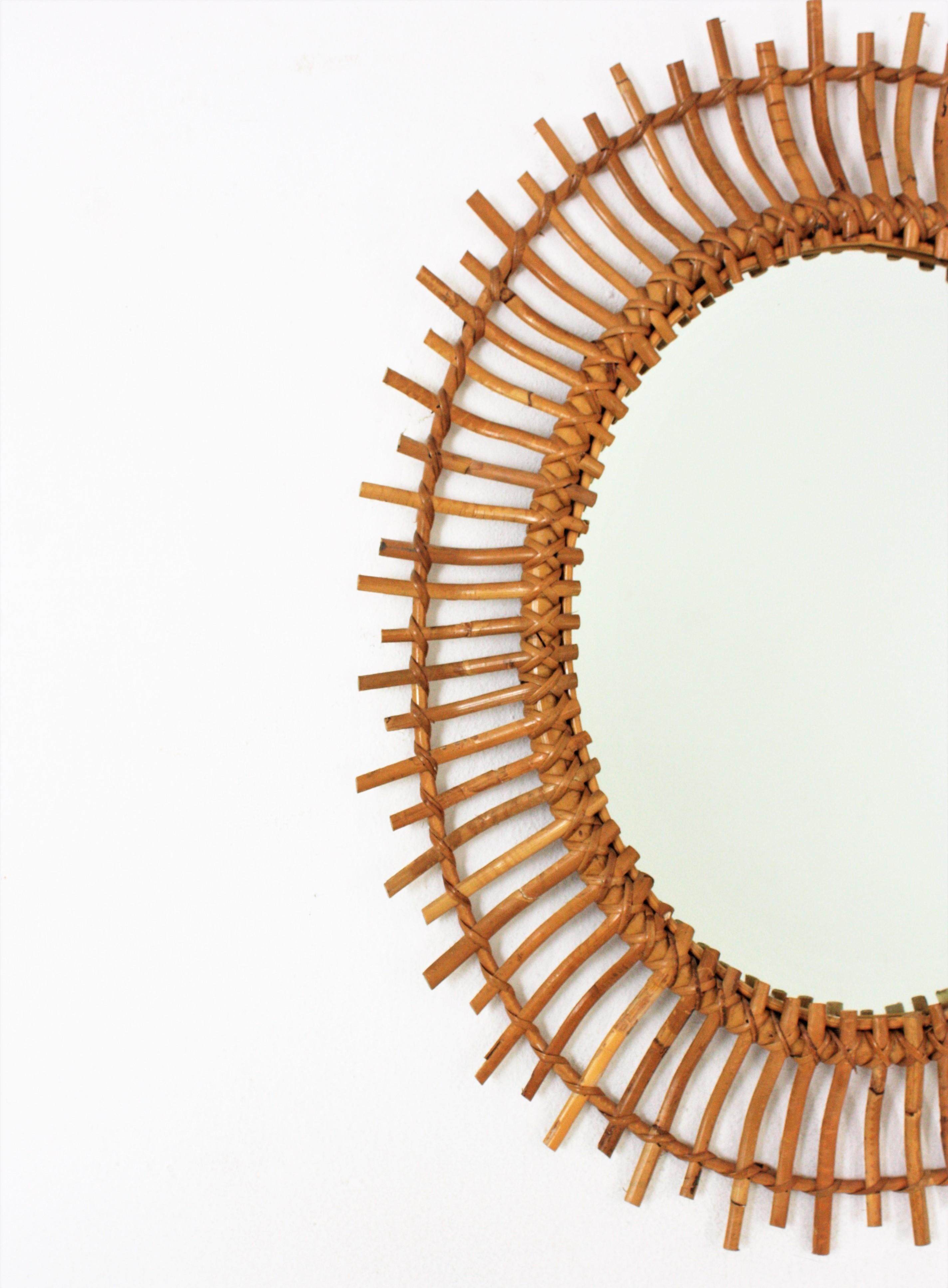 20th Century Rattan Bamboo Oval Sunburst Mirror For Sale