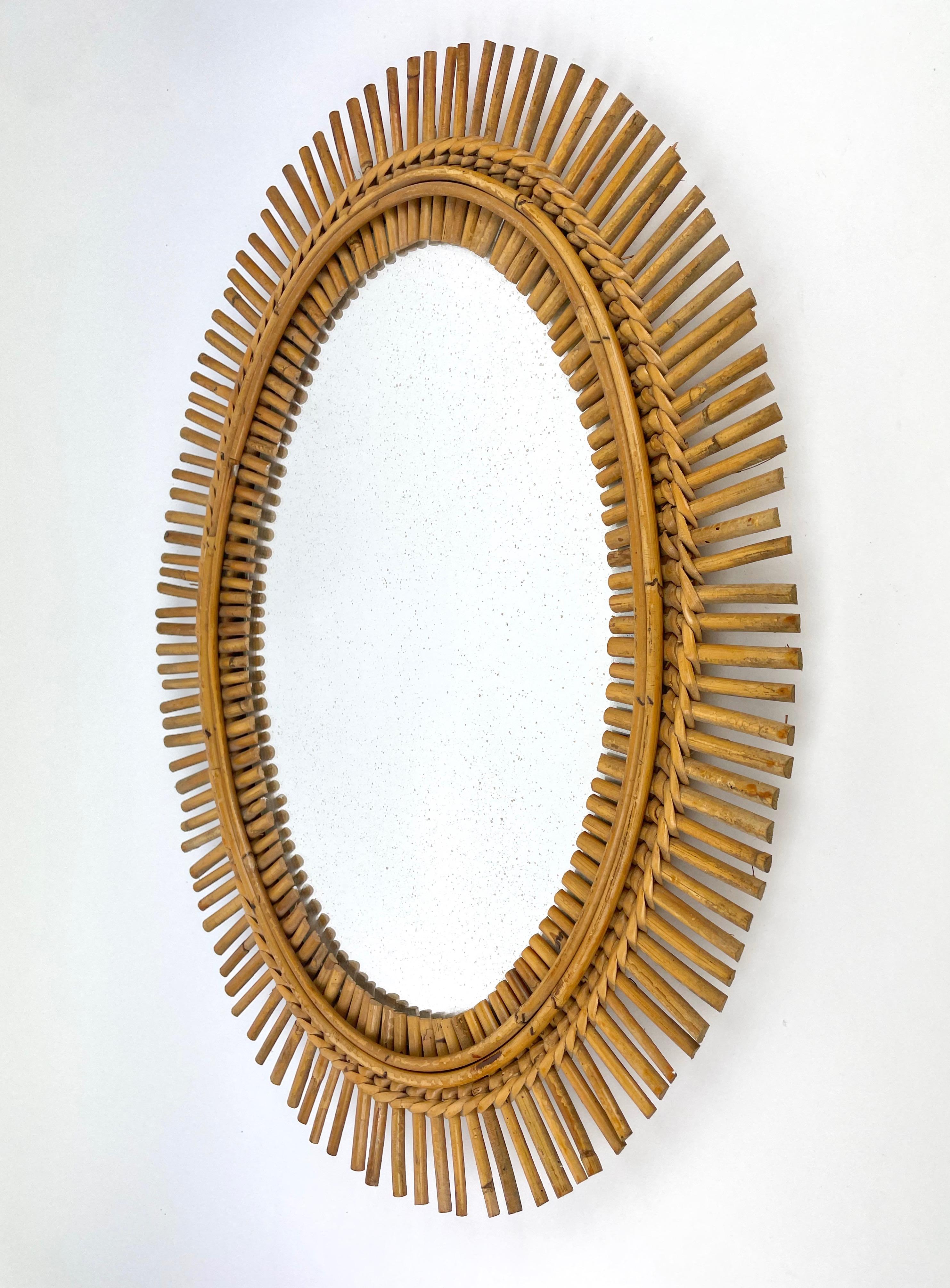 Rattan Bamboo Oval Wall Mirror, Italy, 1960s In Good Condition In Rome, IT