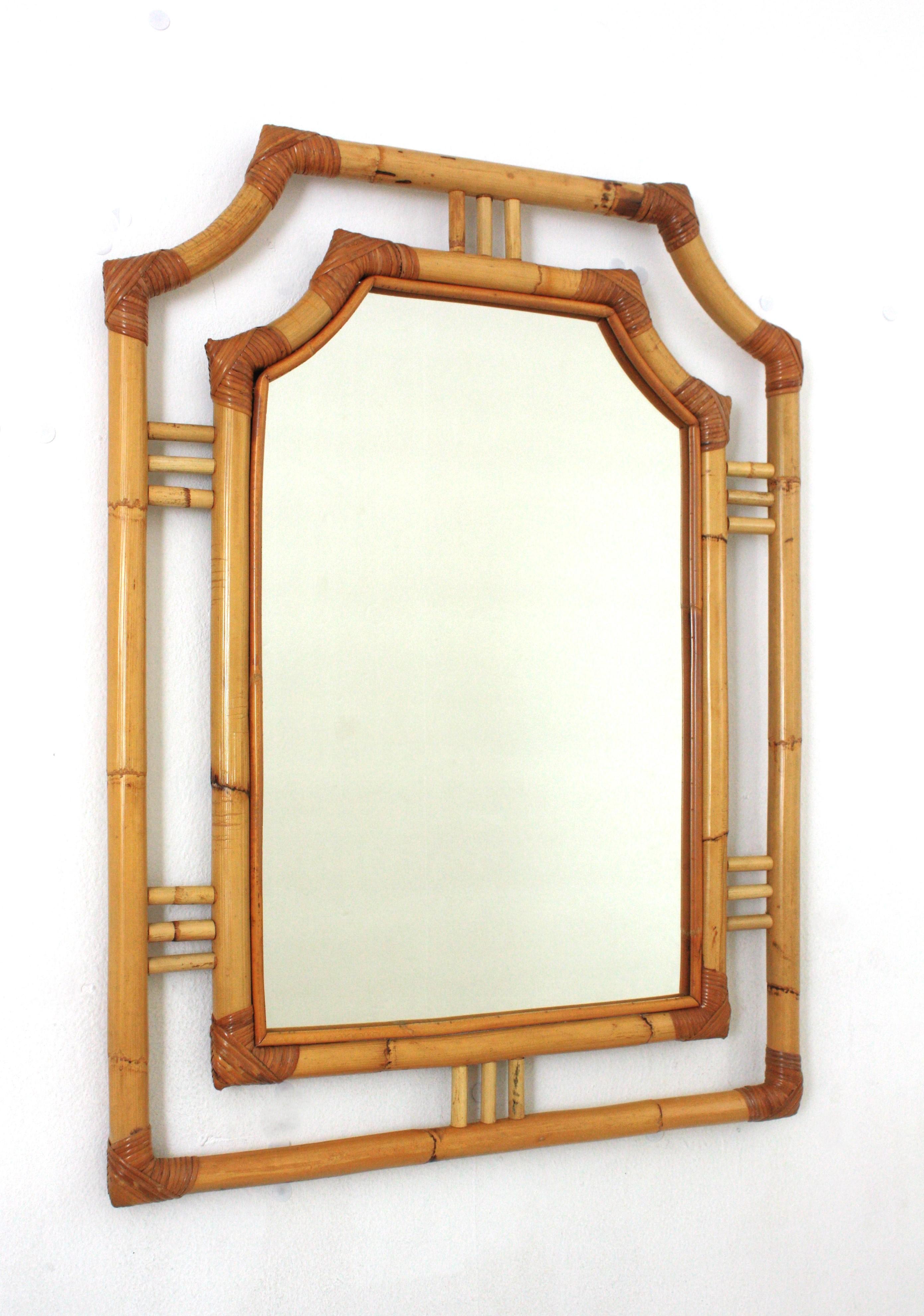 Chinoiserie Rattan Bamboo Pagoda Shaped Mirror, Franco Albini Style For Sale