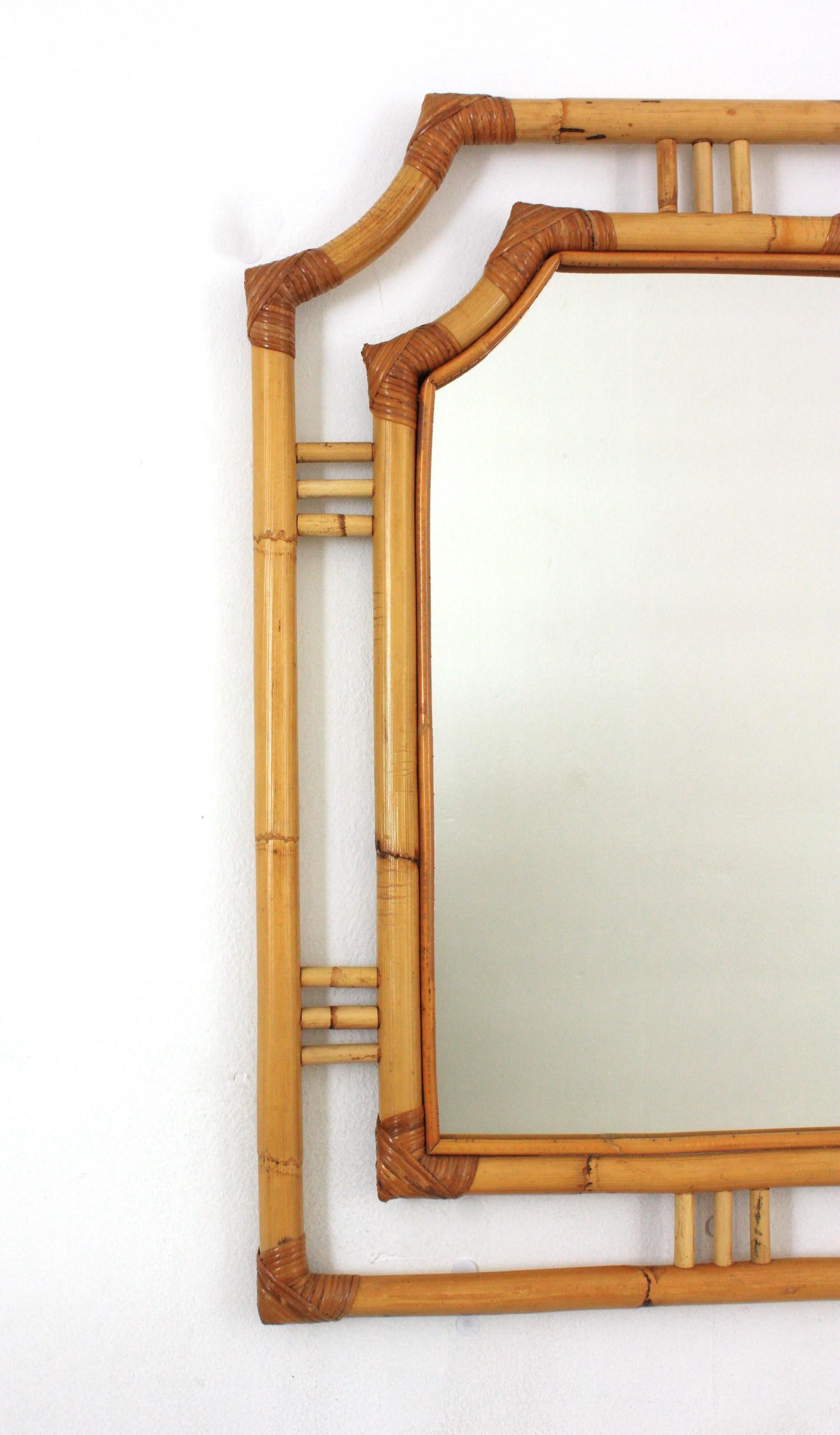 Hand-Crafted Rattan Bamboo Pagoda Shaped Mirror, Franco Albini Style For Sale