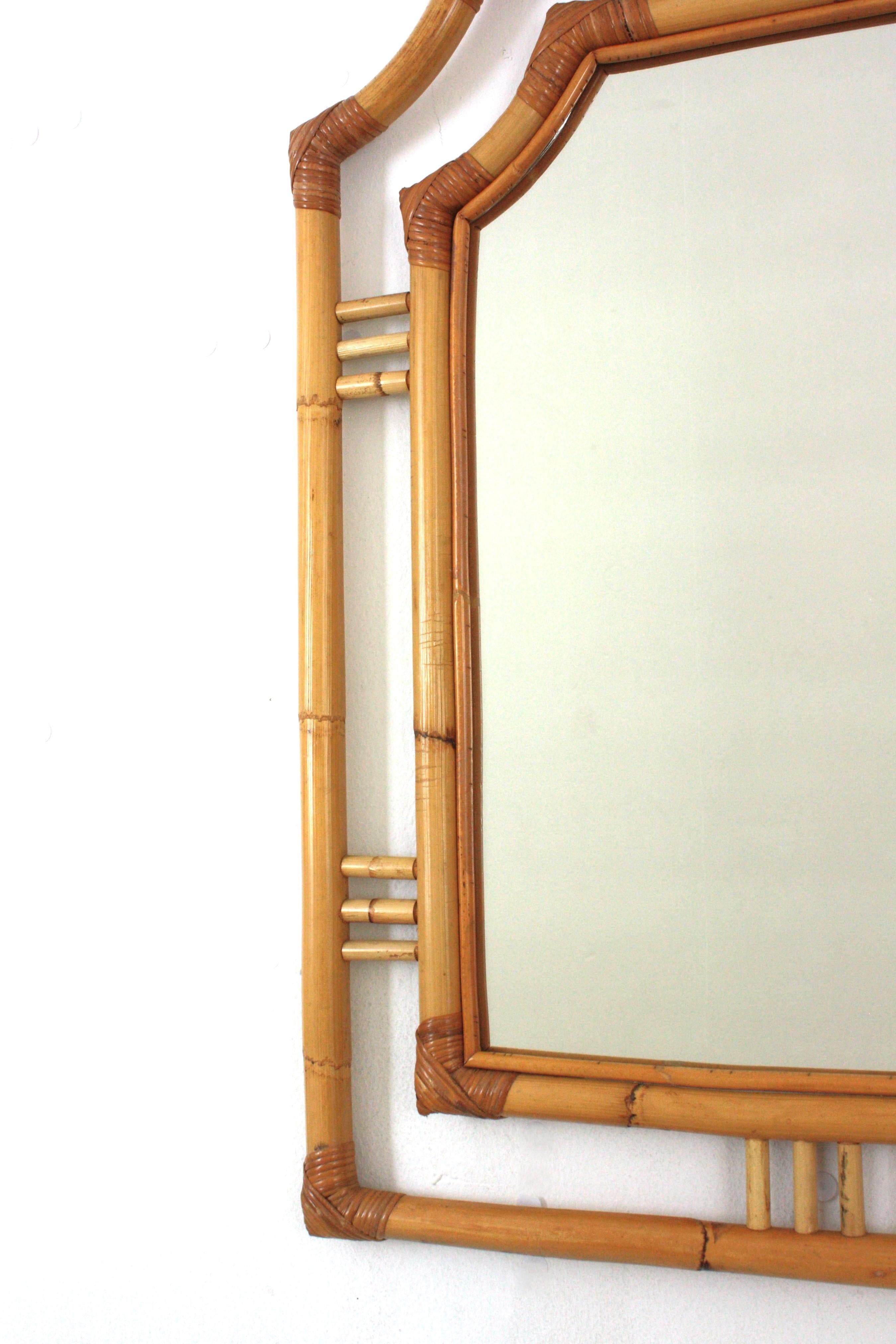 Rattan Bamboo Pagoda Shaped Mirror, Franco Albini Style For Sale 2