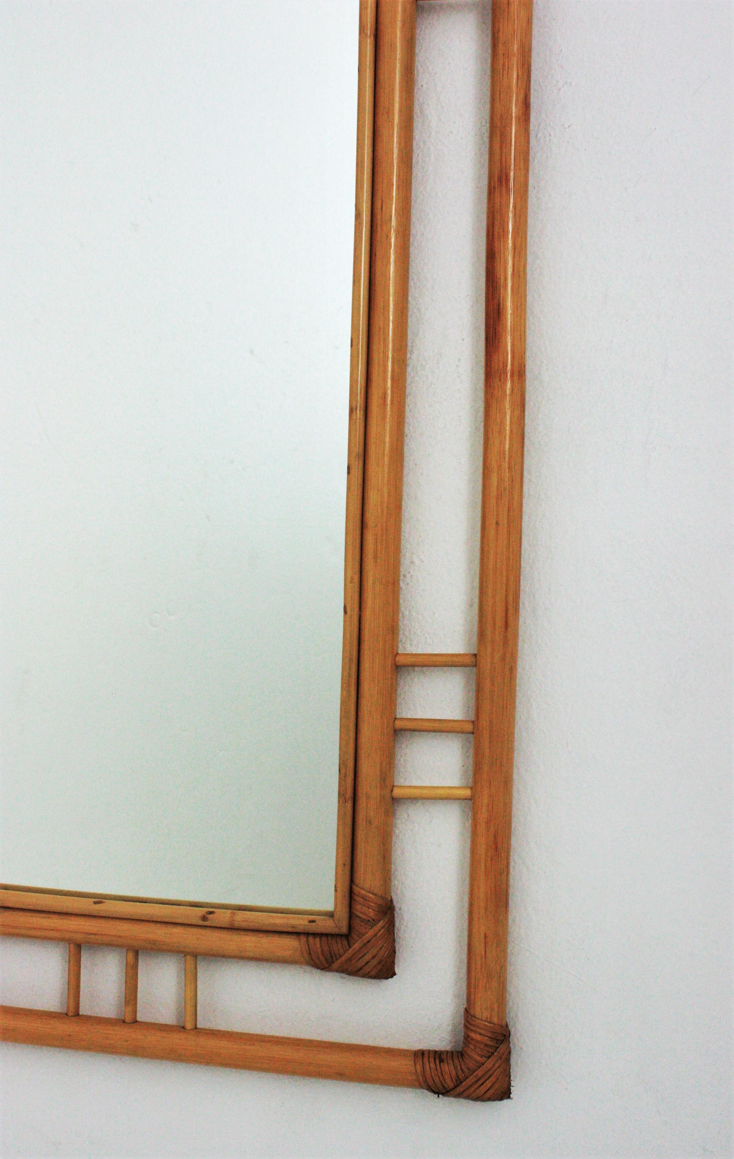 Chinoiserie Rattan Bamboo Pagoda Shaped Mirror, 1960s