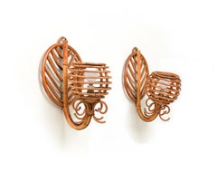 Rattan & Bamboo Pair of Sconces Lantern Attributed to Louis Sognot, France 1960s