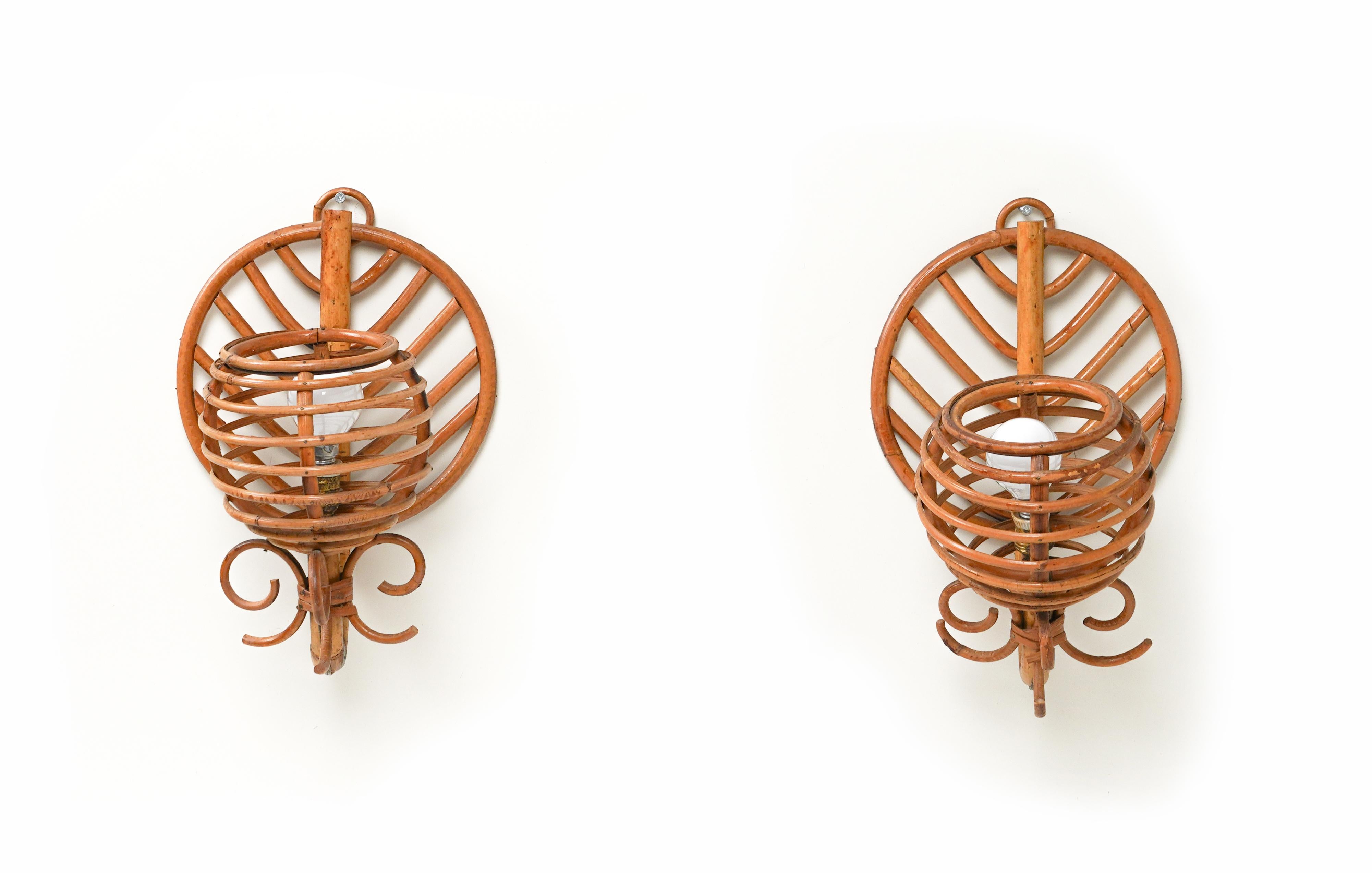 Mid-20th Century Rattan & Bamboo Pair of Sconces Lantern Attributed to Louis Sognot, France 1960s For Sale