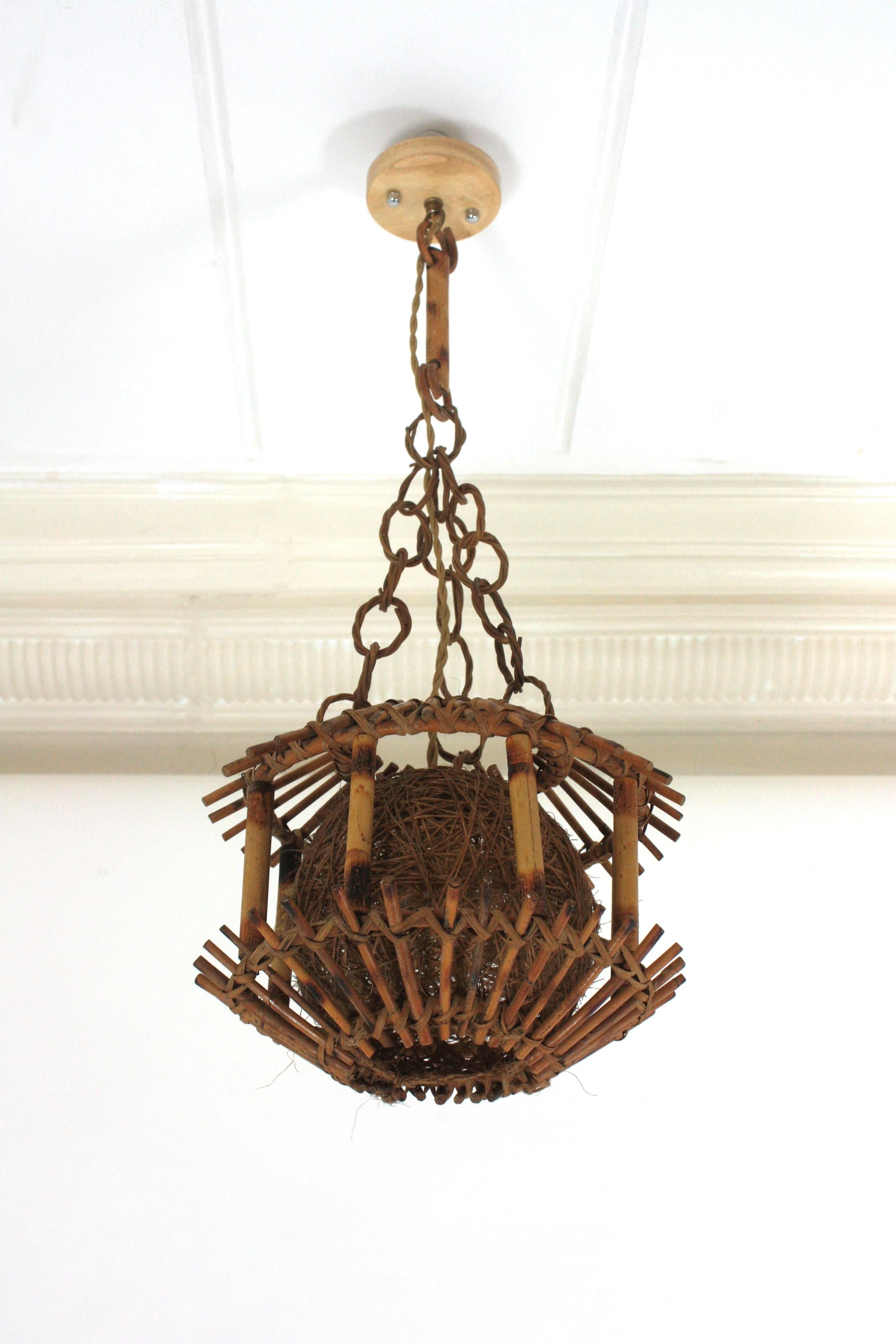 Rattan Bamboo Pendant Hanging Light or Lantern with Chinoiserie Accents, 1950s For Sale 2