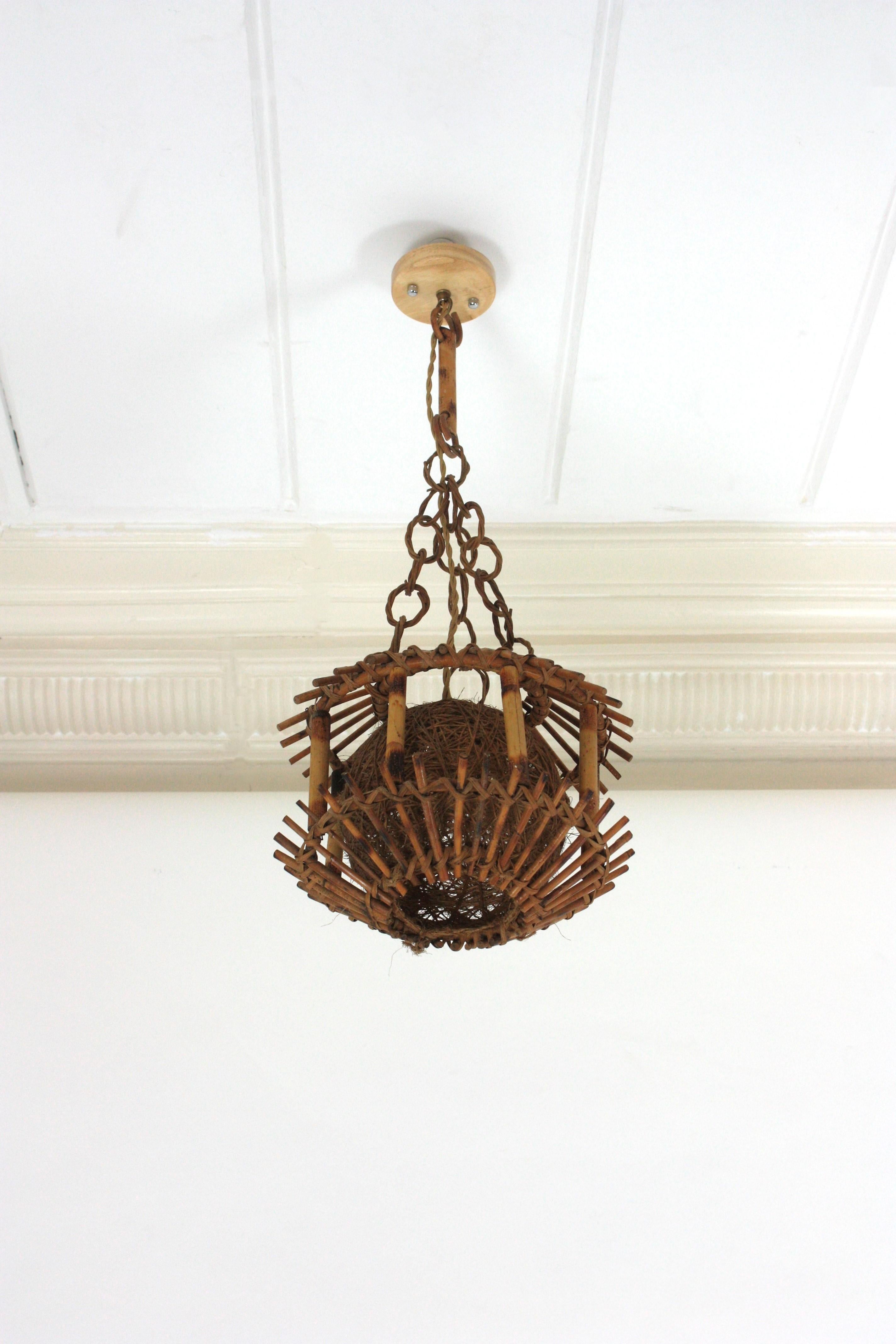 Rattan Bamboo Pendant Hanging Light or Lantern with Chinoiserie Accents, 1950s For Sale 3
