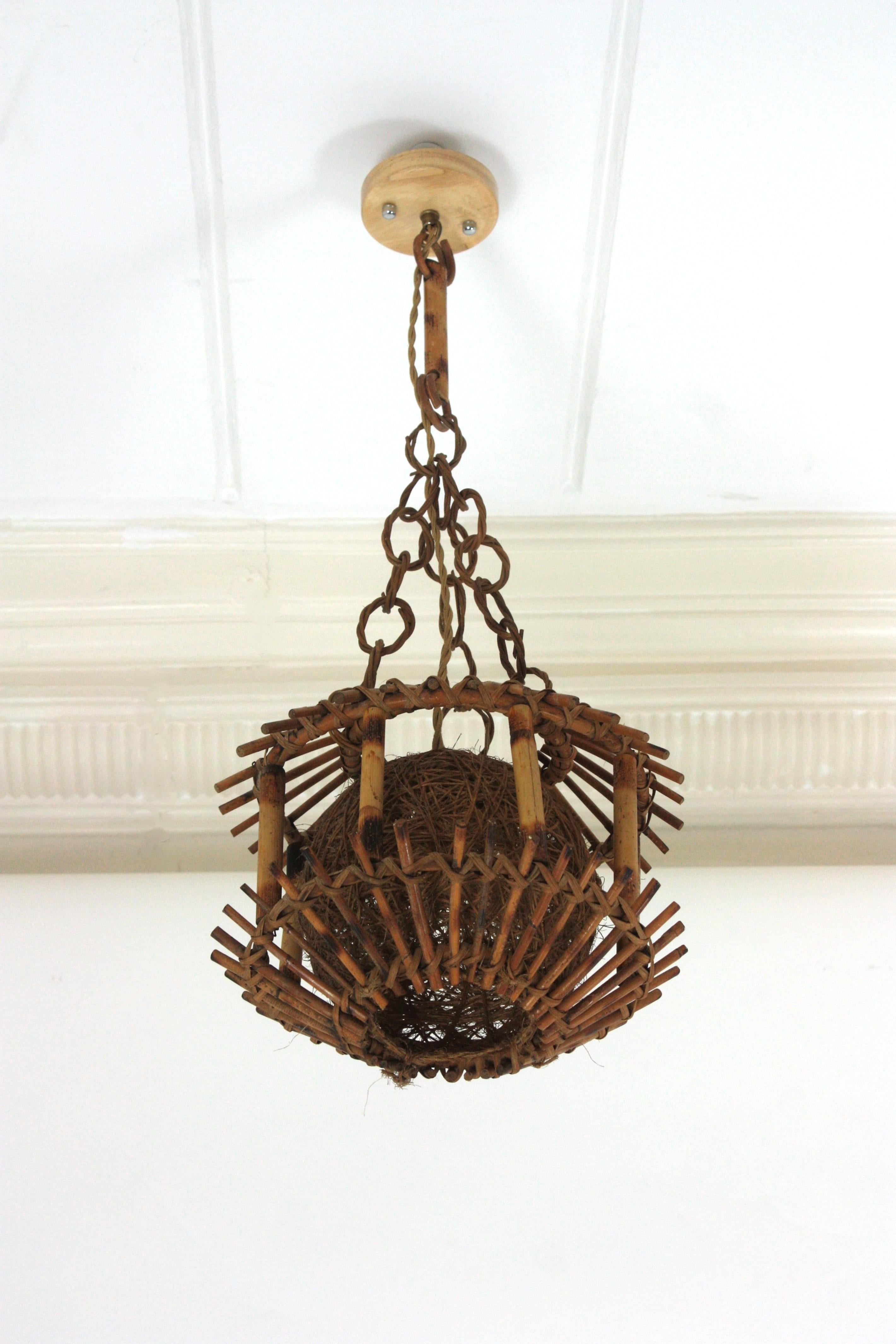 Rattan Bamboo Pendant Hanging Light or Lantern with Chinoiserie Accents, 1950s For Sale 5
