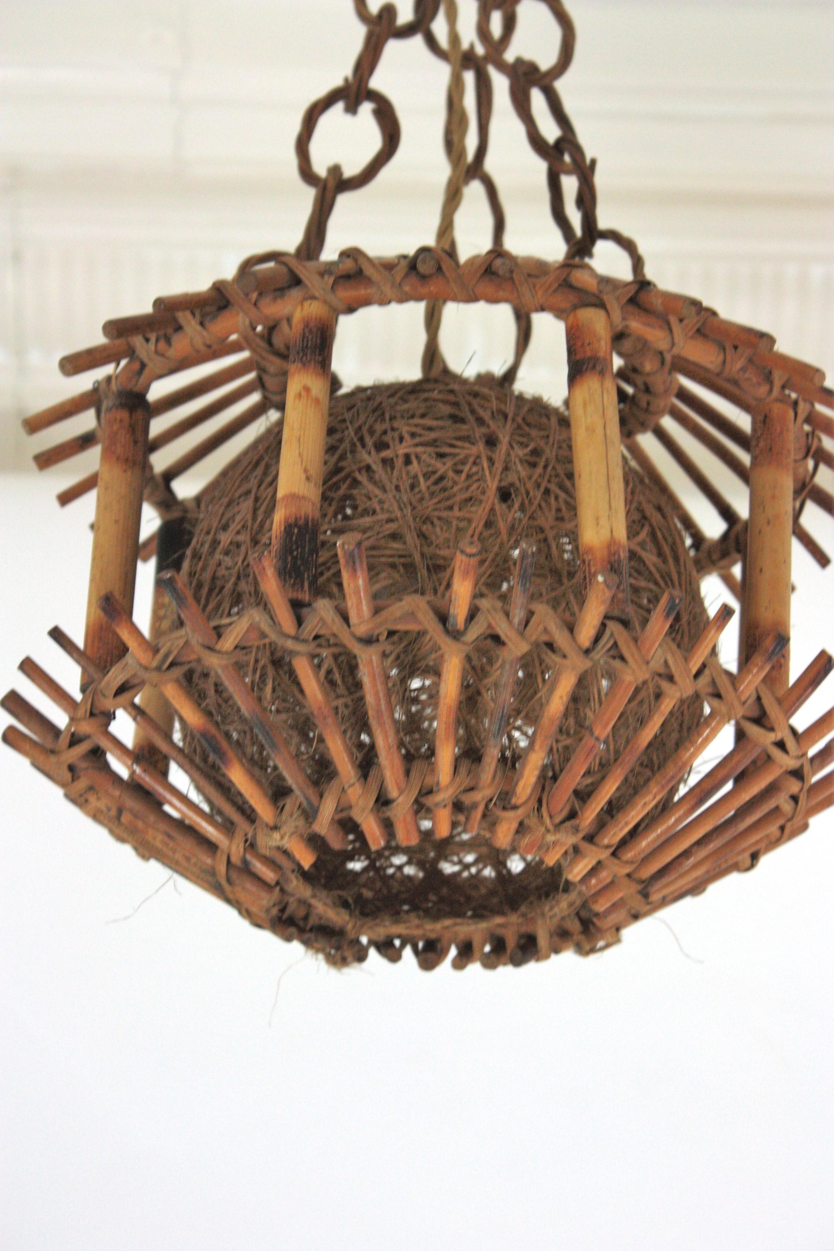 Rattan Bamboo Pendant Hanging Light or Lantern with Chinoiserie Accents, 1950s For Sale 8