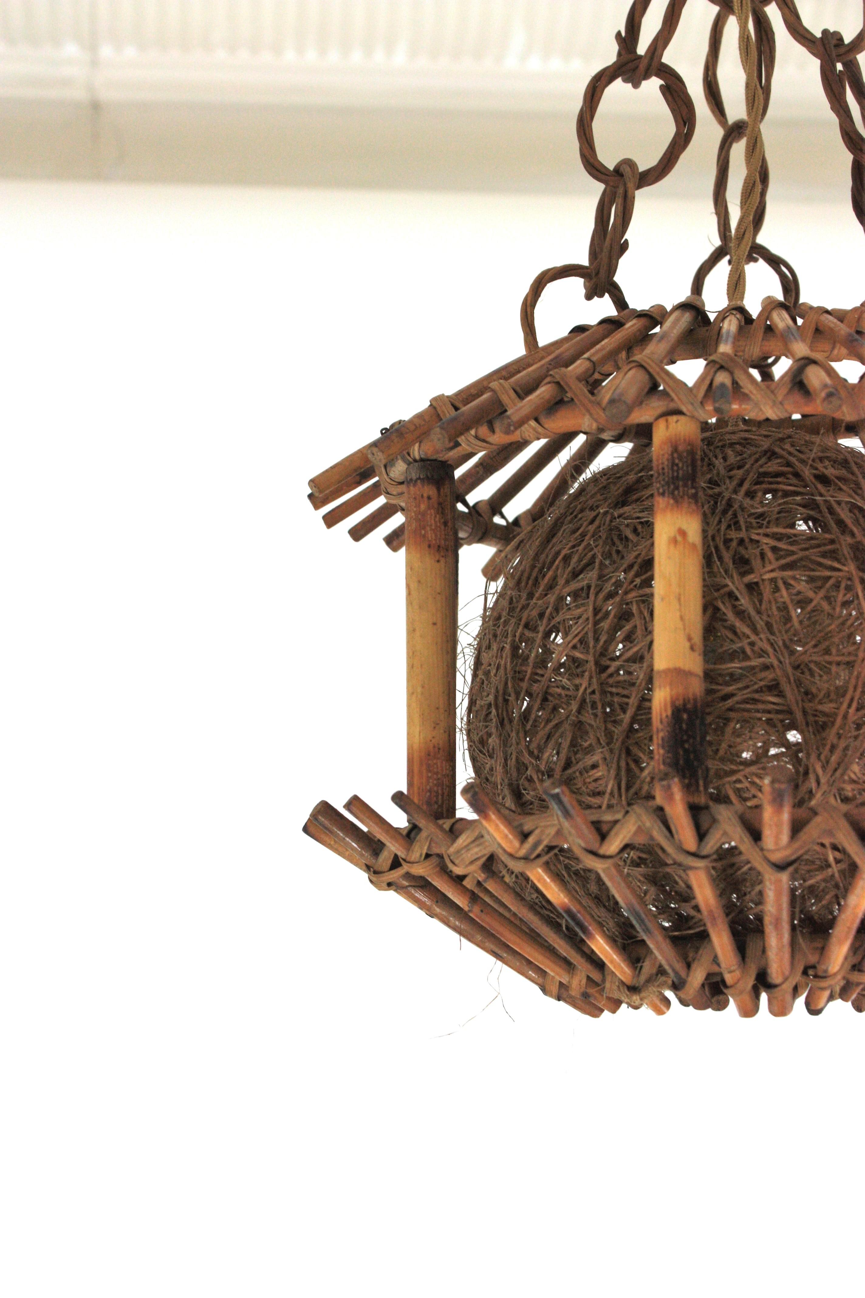 Rattan Bamboo Pendant Hanging Light or Lantern with Chinoiserie Accents, 1950s For Sale 9