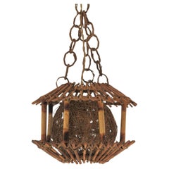 Rattan Bamboo Pendant Hanging Light / Lantern with Chinoiserie Accents, 1950s