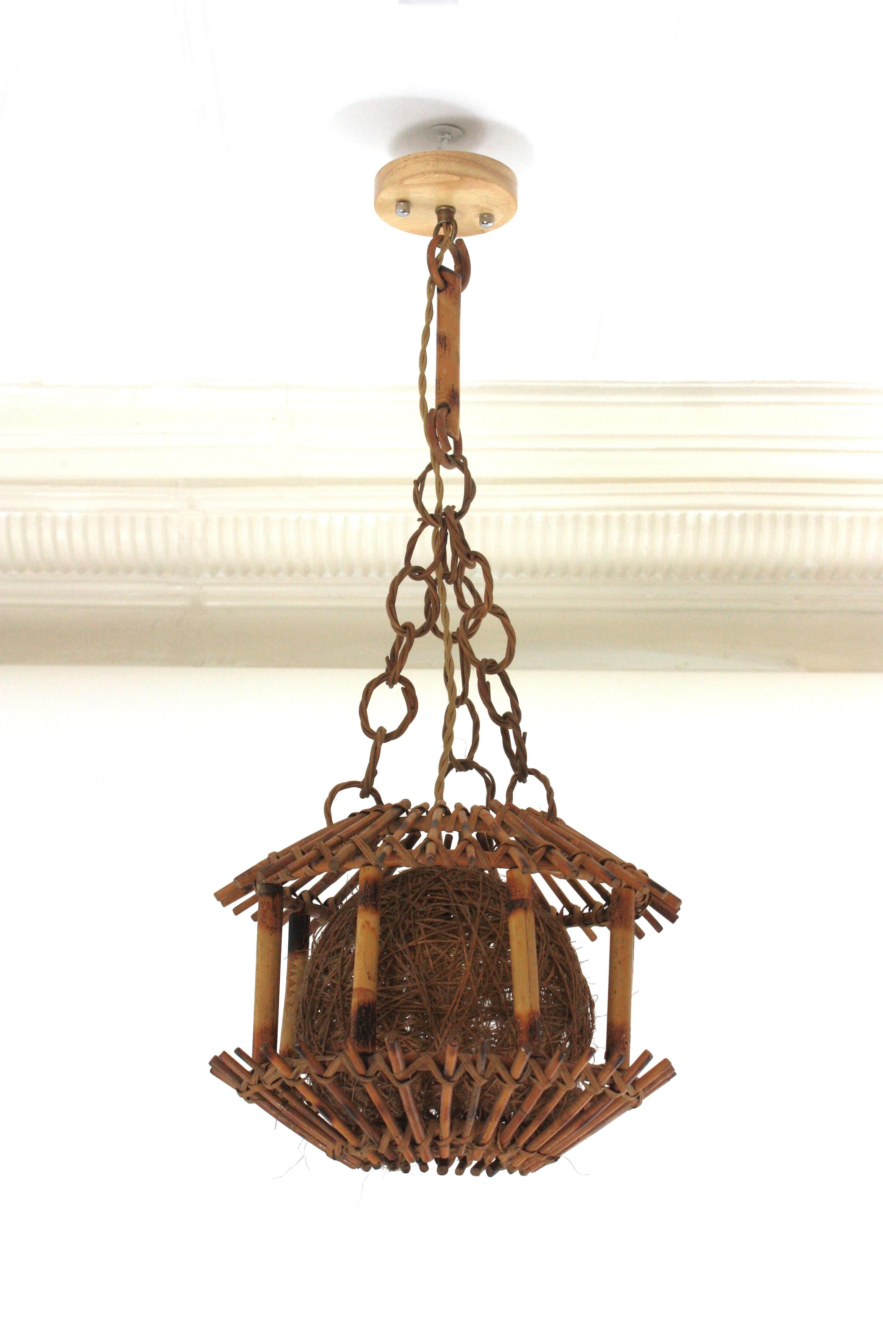 Mid-Century Modern Rattan Bamboo Pendant Hanging Light or Lantern with Chinoiserie Accents, 1950s For Sale