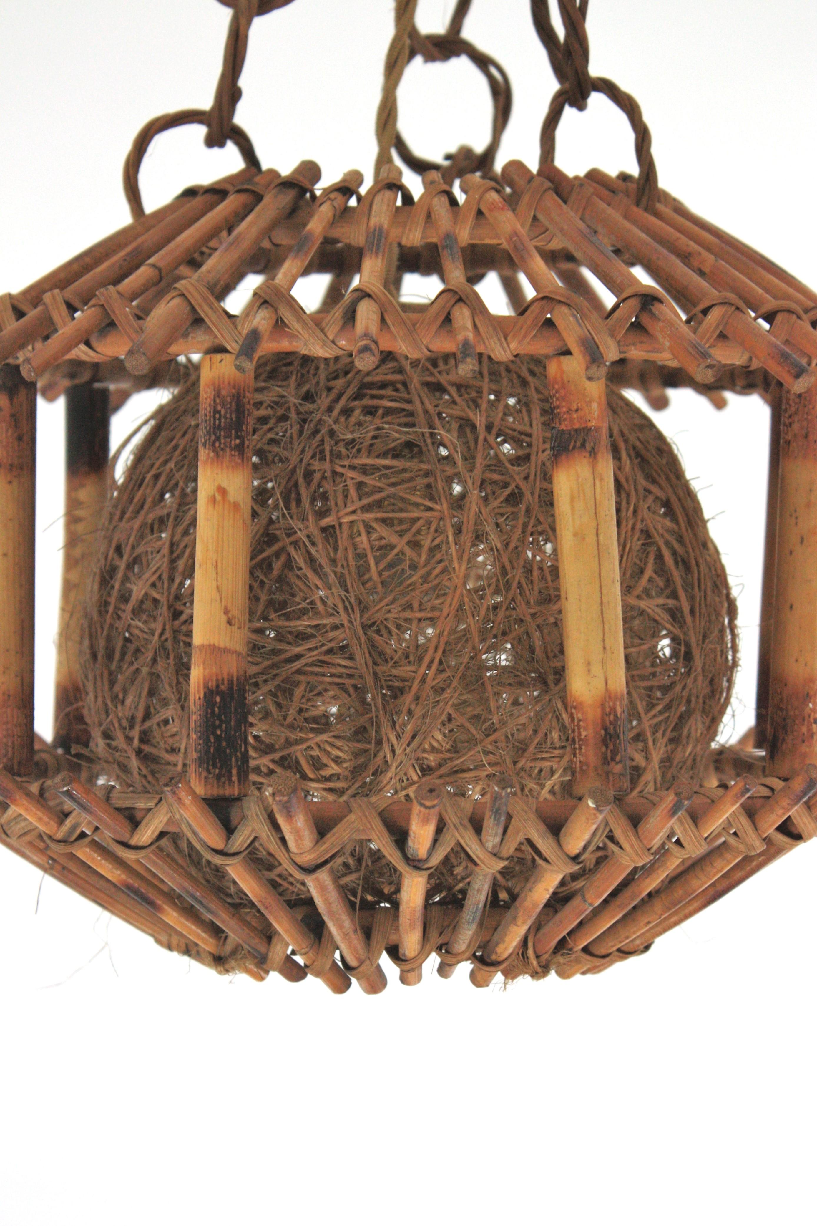 Wicker Rattan Bamboo Pendant Hanging Light or Lantern with Chinoiserie Accents, 1950s For Sale