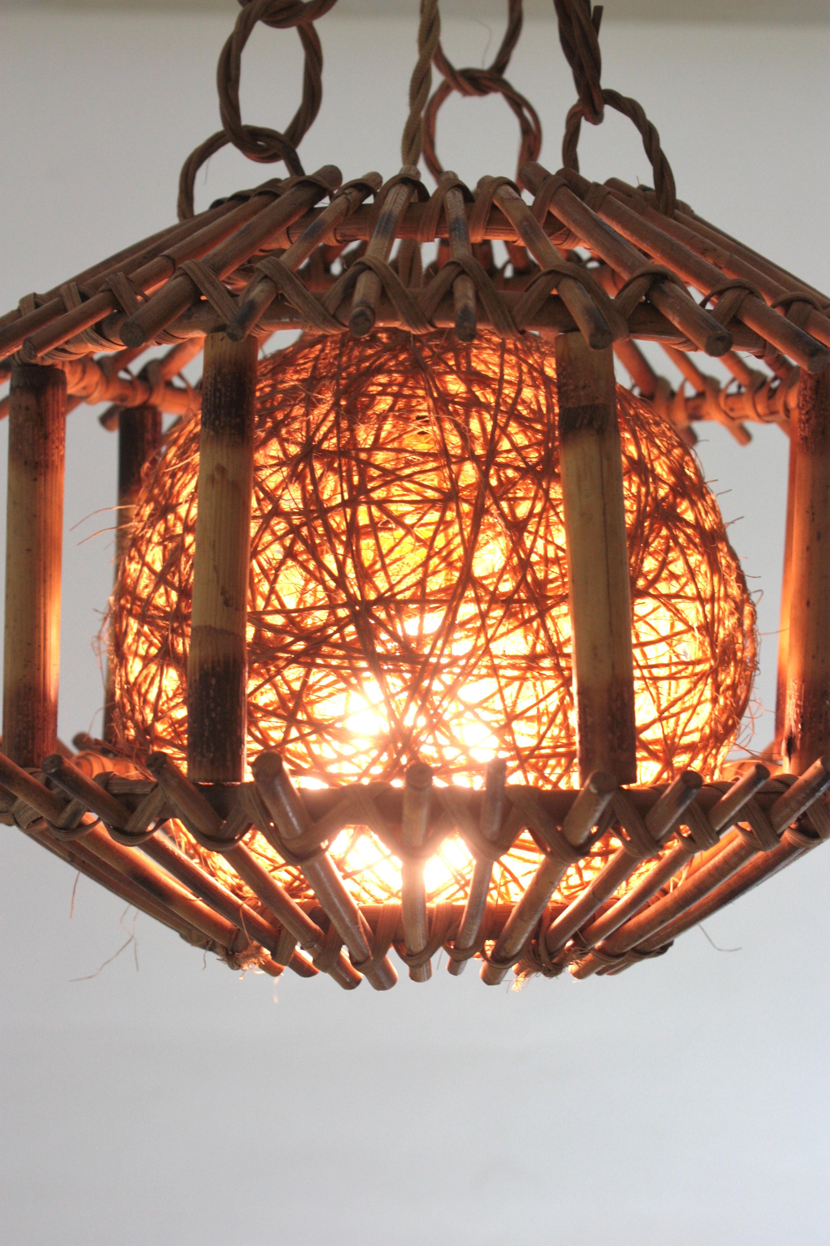 Rattan Bamboo Pendant Hanging Light or Lantern with Chinoiserie Accents, 1950s For Sale 1