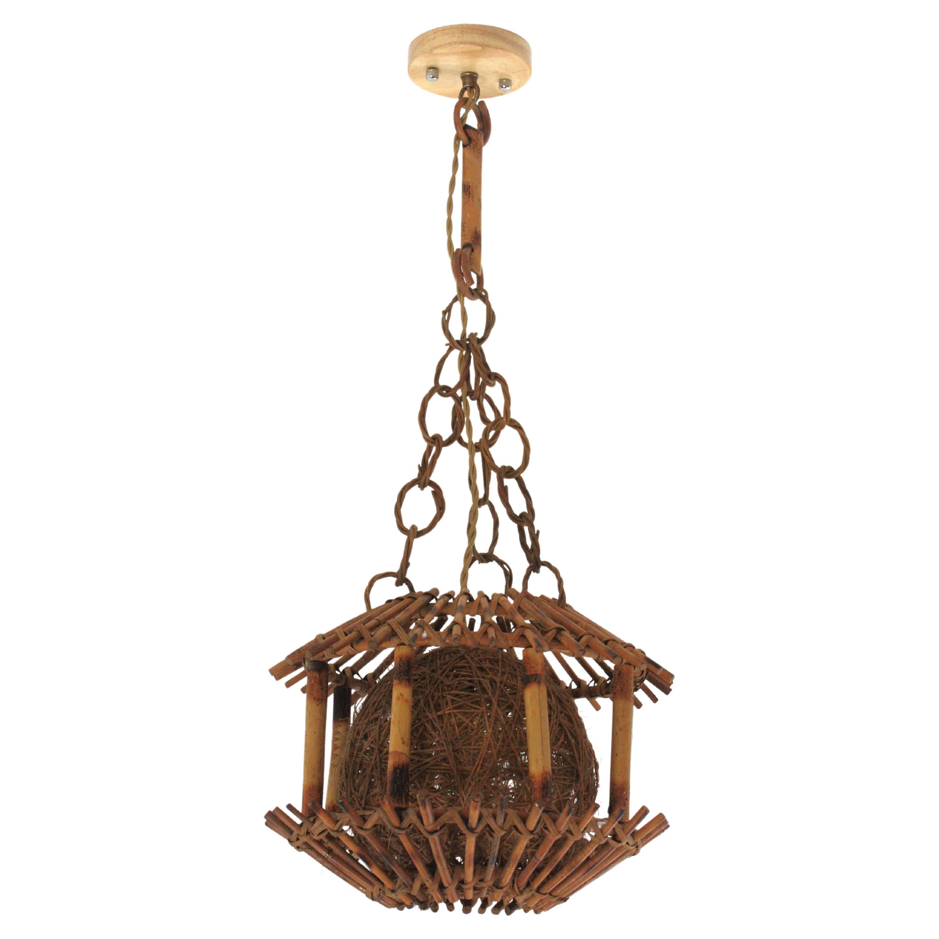 Rattan Bamboo Pendant Hanging Light or Lantern with Chinoiserie Accents, 1950s For Sale