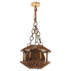 Rattan Bamboo Pendant Hanging Light or Lantern with Chinoiserie Accents, 1950s