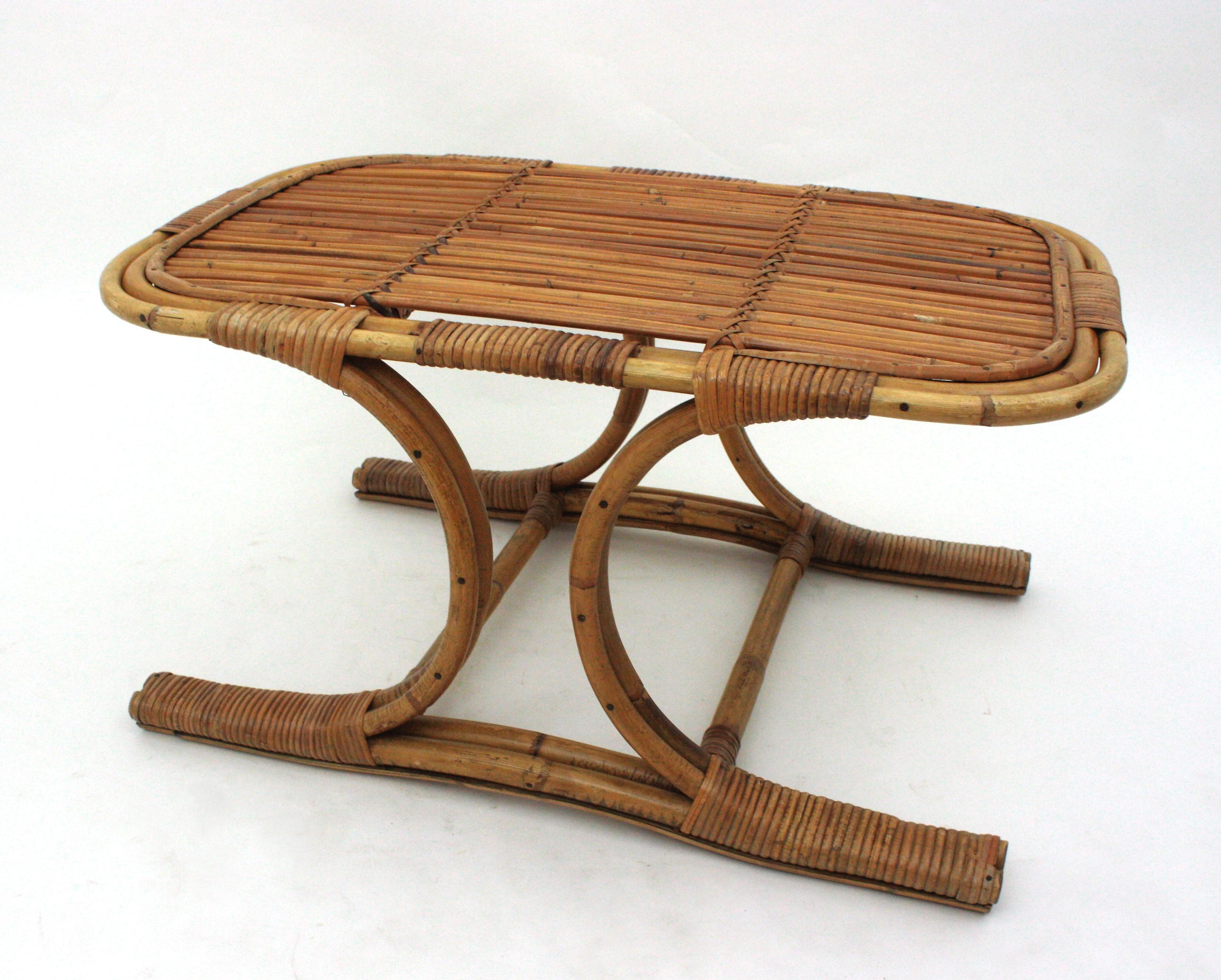 Rattan Bamboo Rectangular Coffee Table in the Style of Franco Albini For Sale 5