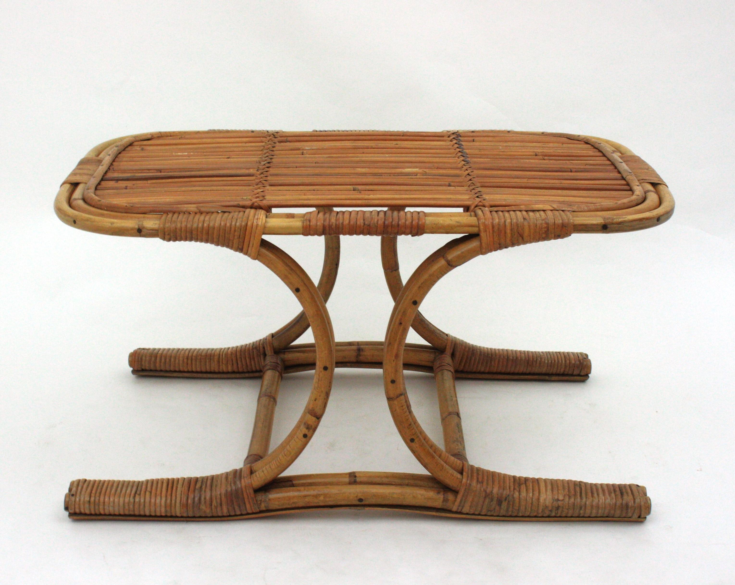 Italian Rattan Bamboo Rectangular Coffee Table in the Style of Franco Albini For Sale