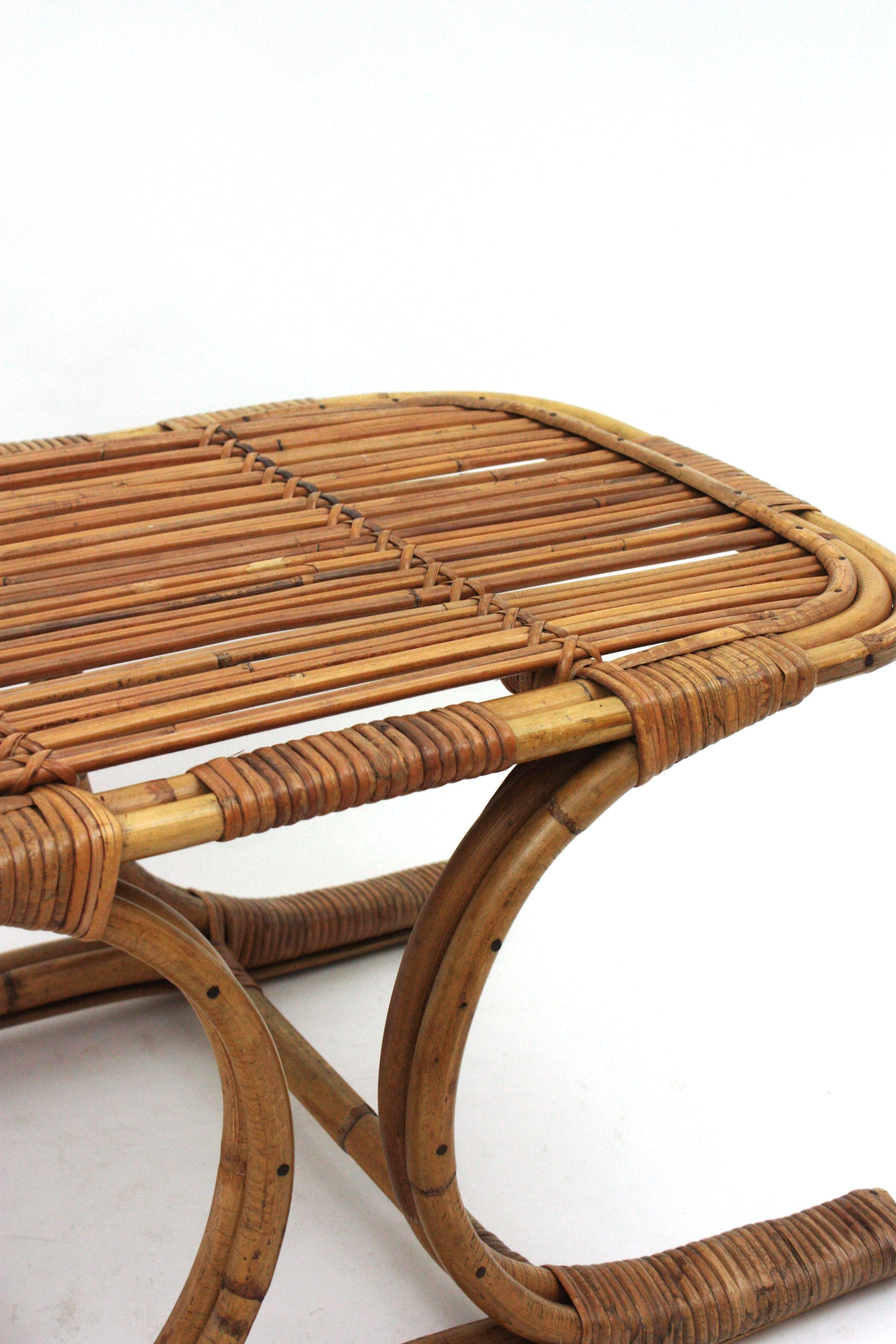 Rattan Bamboo Rectangular Coffee Table in the Style of Franco Albini For Sale 2