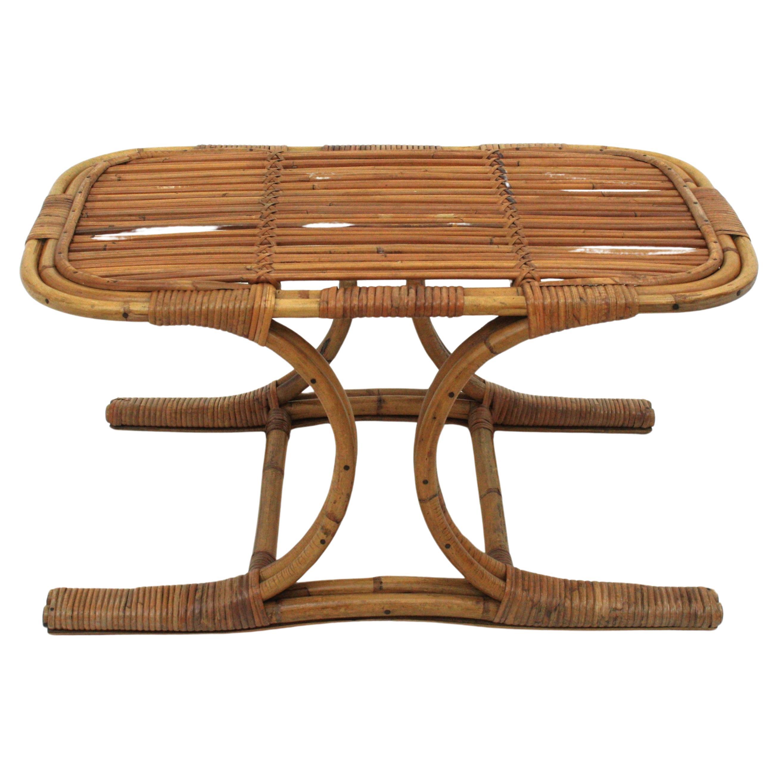 Rattan Bamboo Rectangular Coffee Table in the Style of Franco Albini For Sale