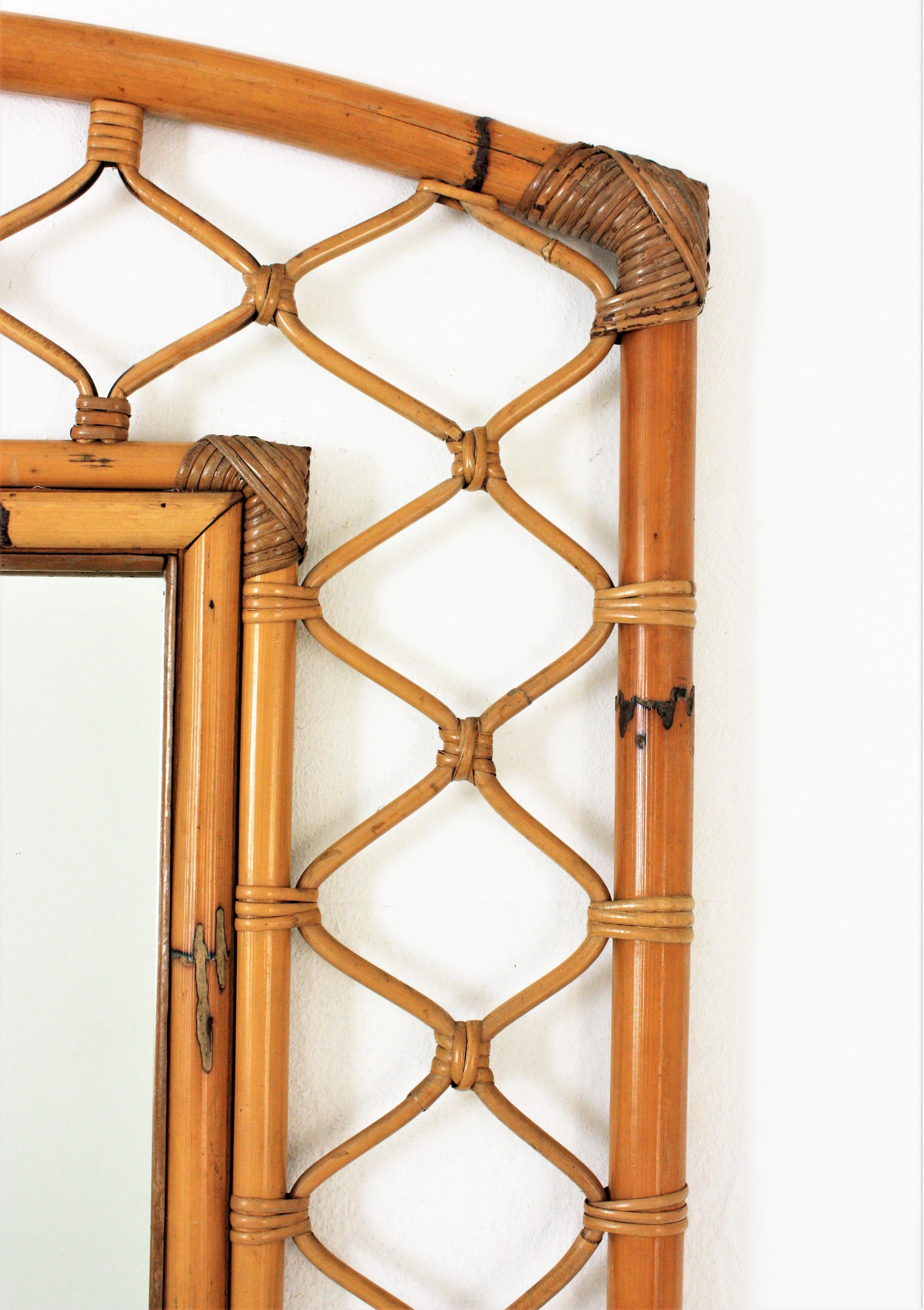 20th Century Rattan Bamboo Rectangular Large Mirror with Grid Frame, 1960s For Sale
