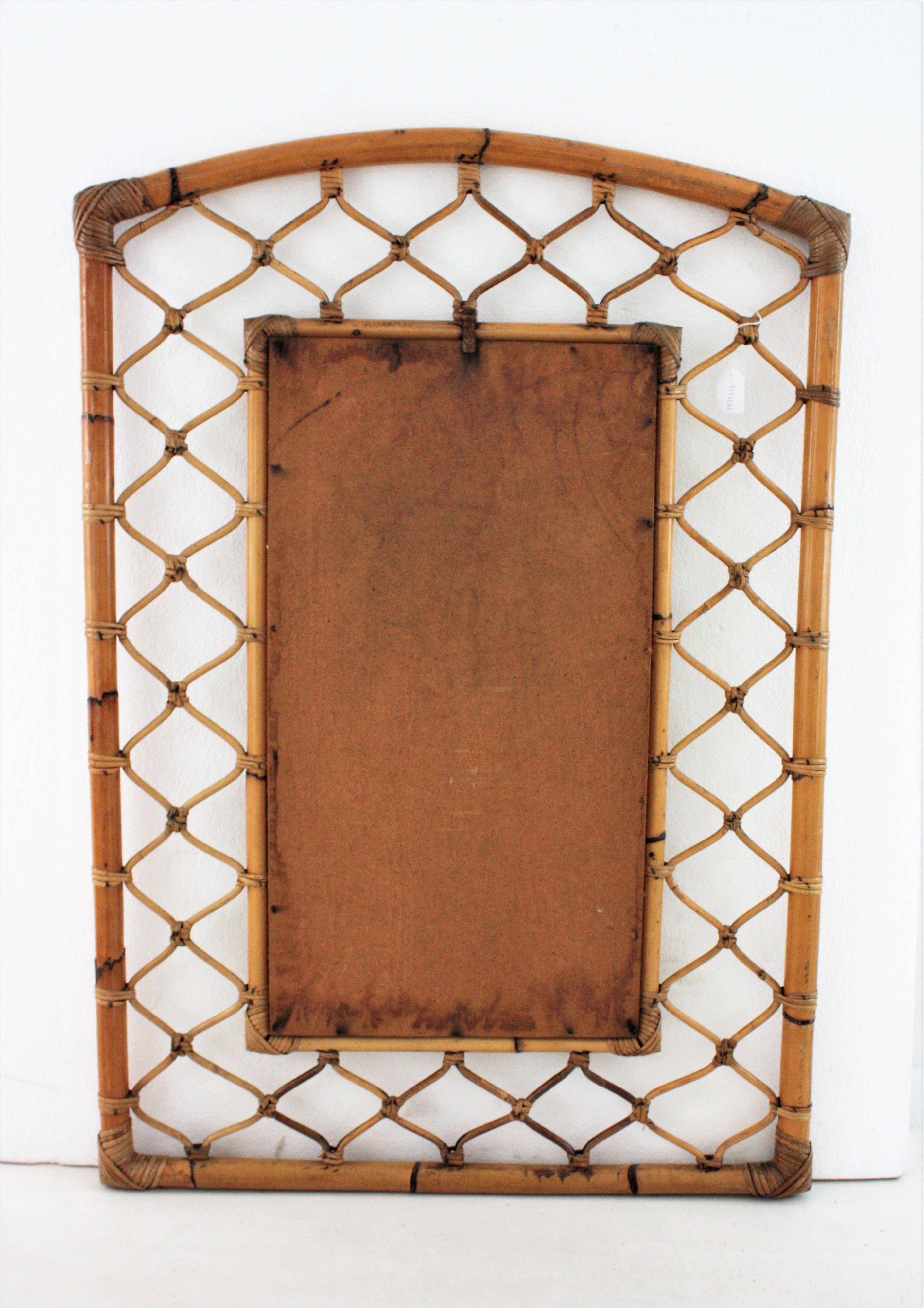 Rattan Bamboo Rectangular Large Mirror with Grid Frame, 1960s For Sale 1