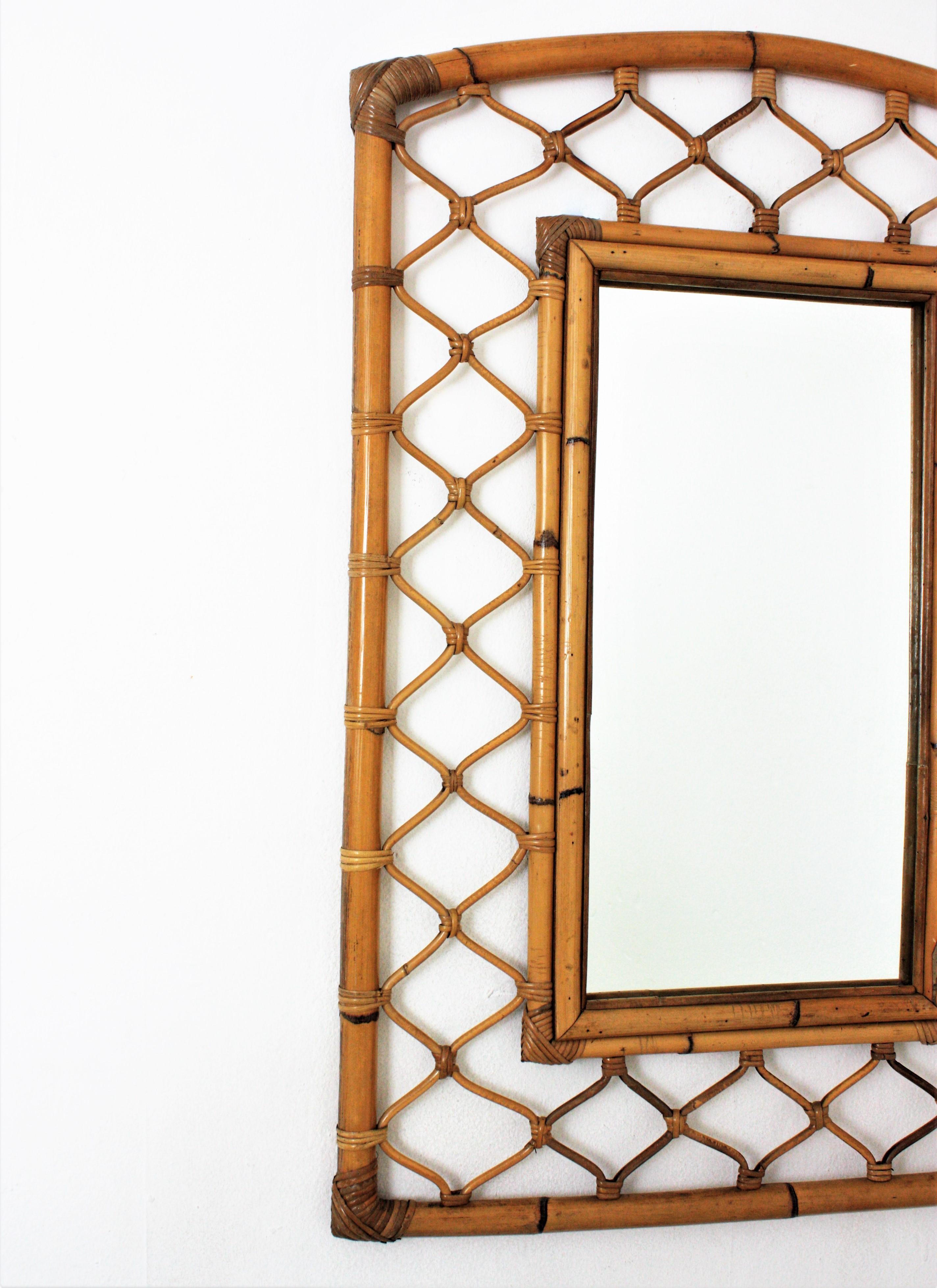 Mid-Century Modern Rattan Bamboo Rectangular Large Mirror with Grid Frame, 1960s For Sale