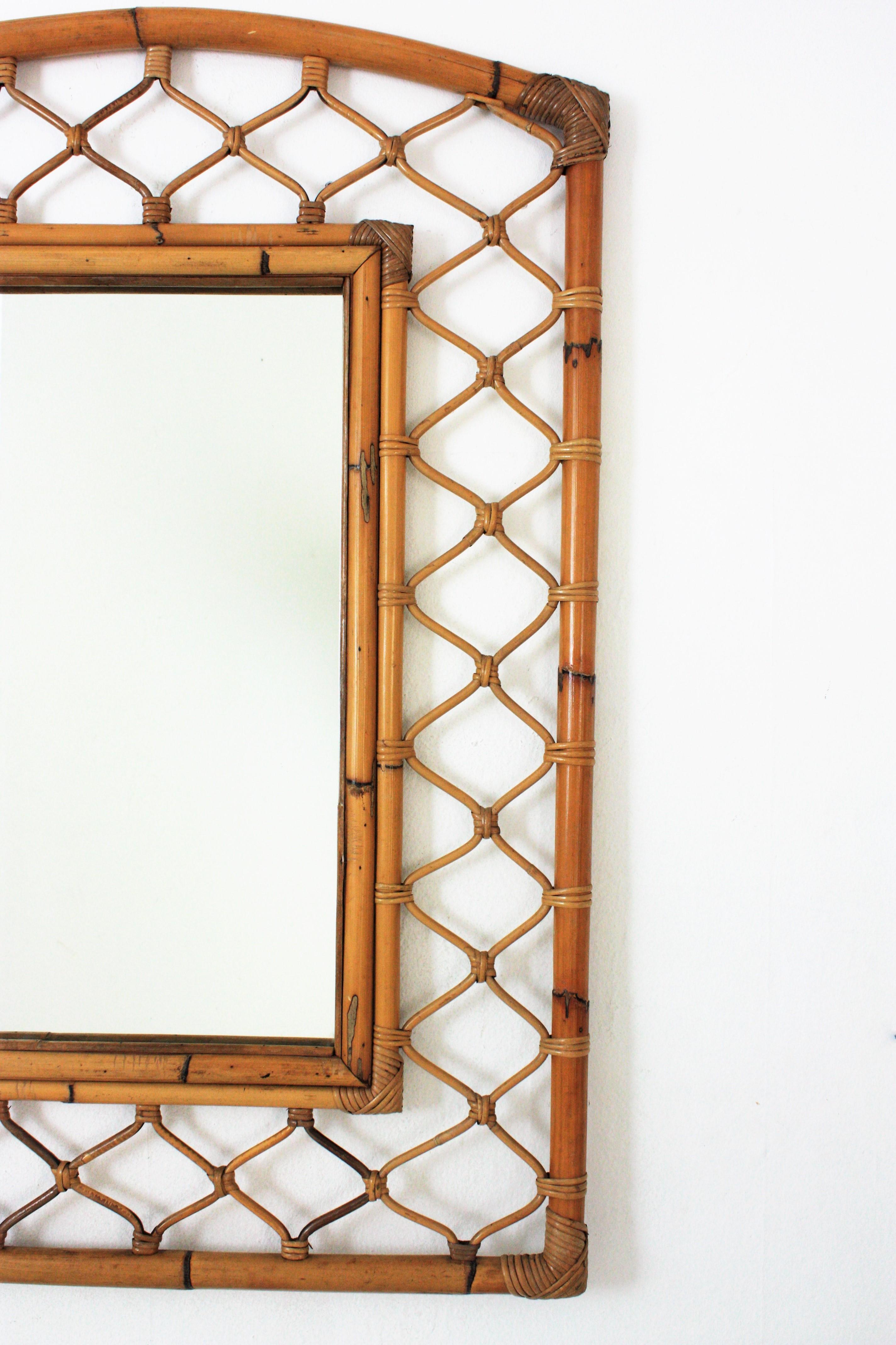 Spanish Rattan Bamboo Rectangular Large Mirror with Grid Frame, 1960s For Sale