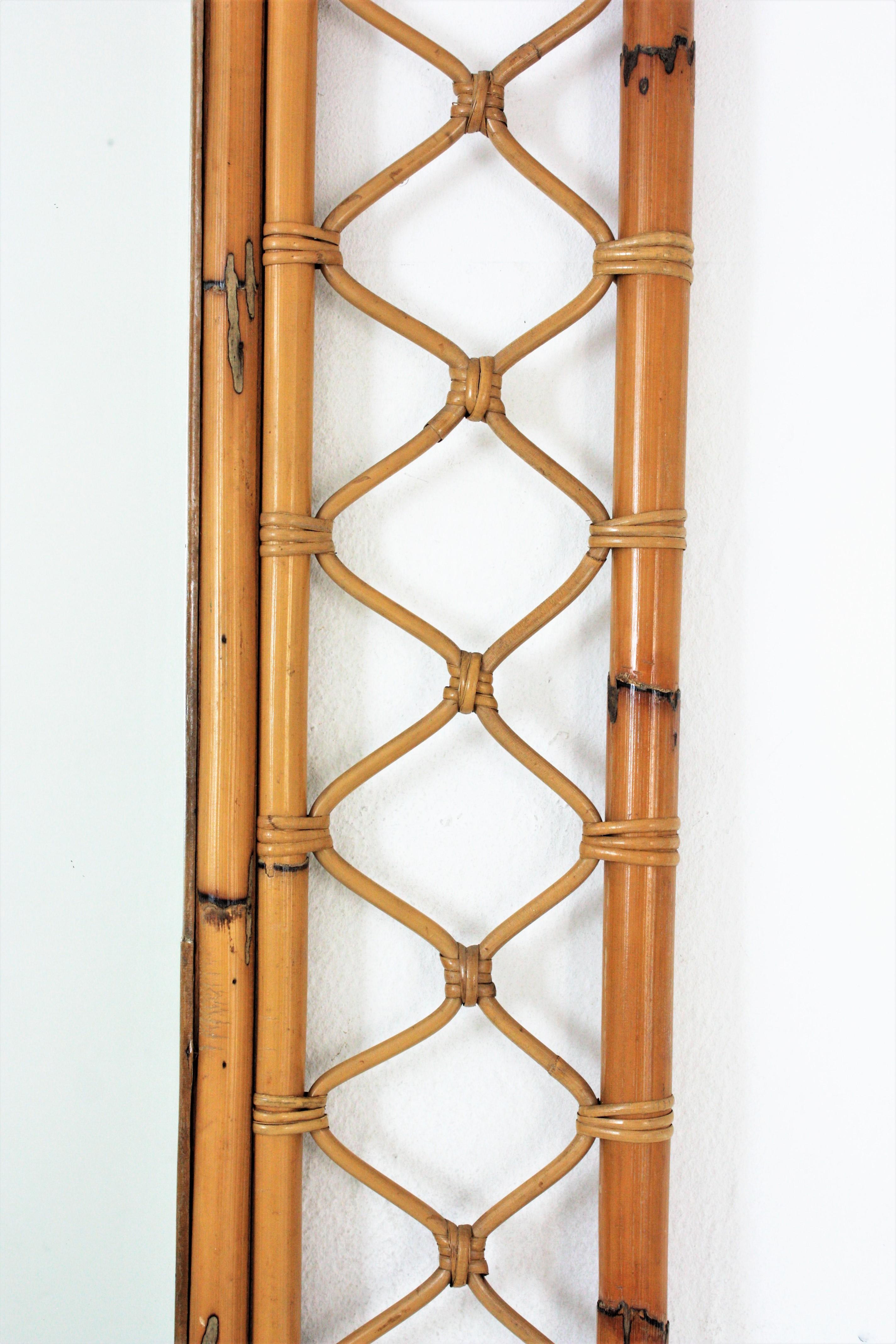 Hand-Crafted Rattan Bamboo Rectangular Large Mirror with Grid Frame, 1960s For Sale