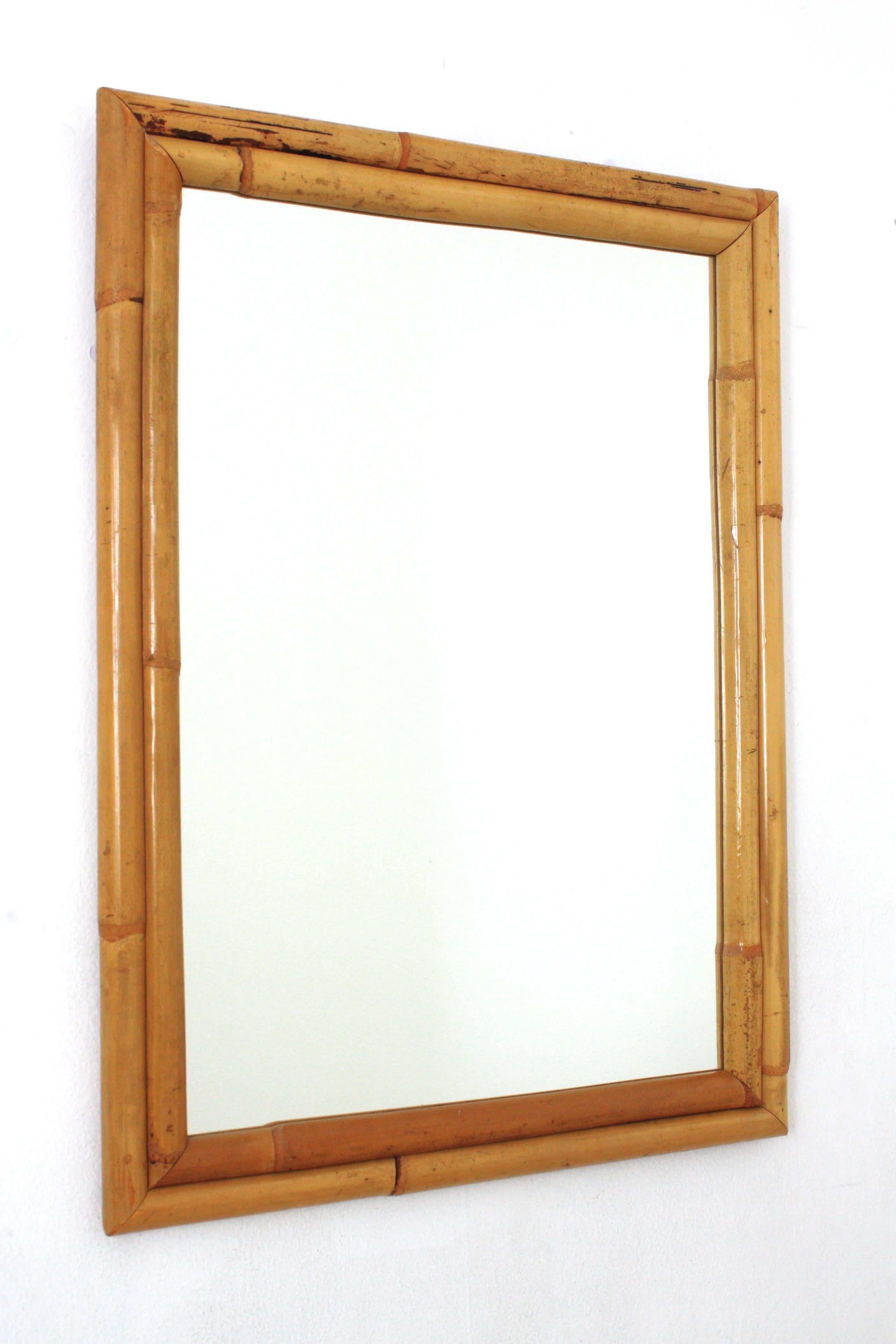 Mid-Century Modern Rattan Bamboo Rectangular Mirror For Sale