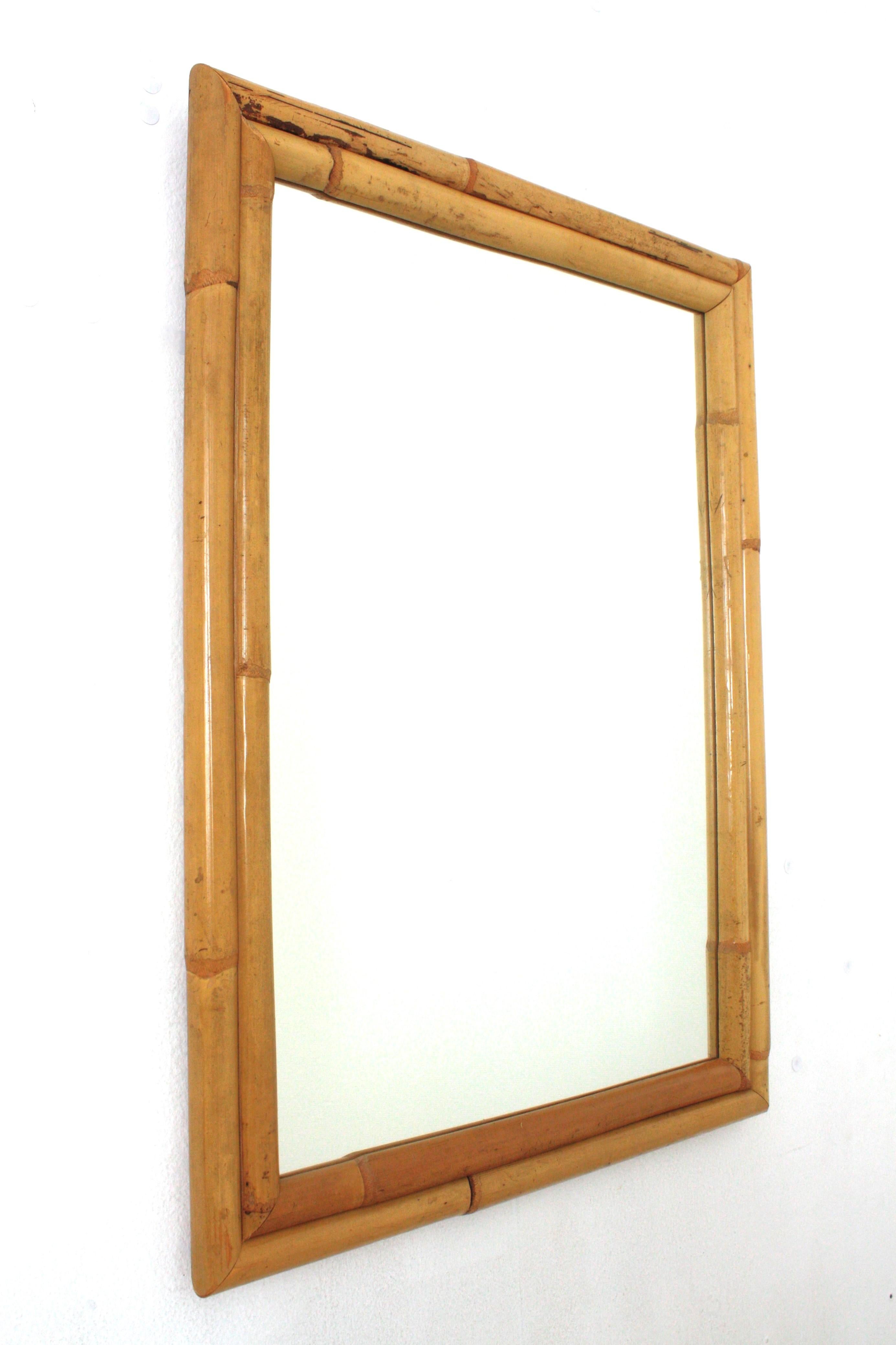 Spanish Rattan Bamboo Rectangular Mirror For Sale