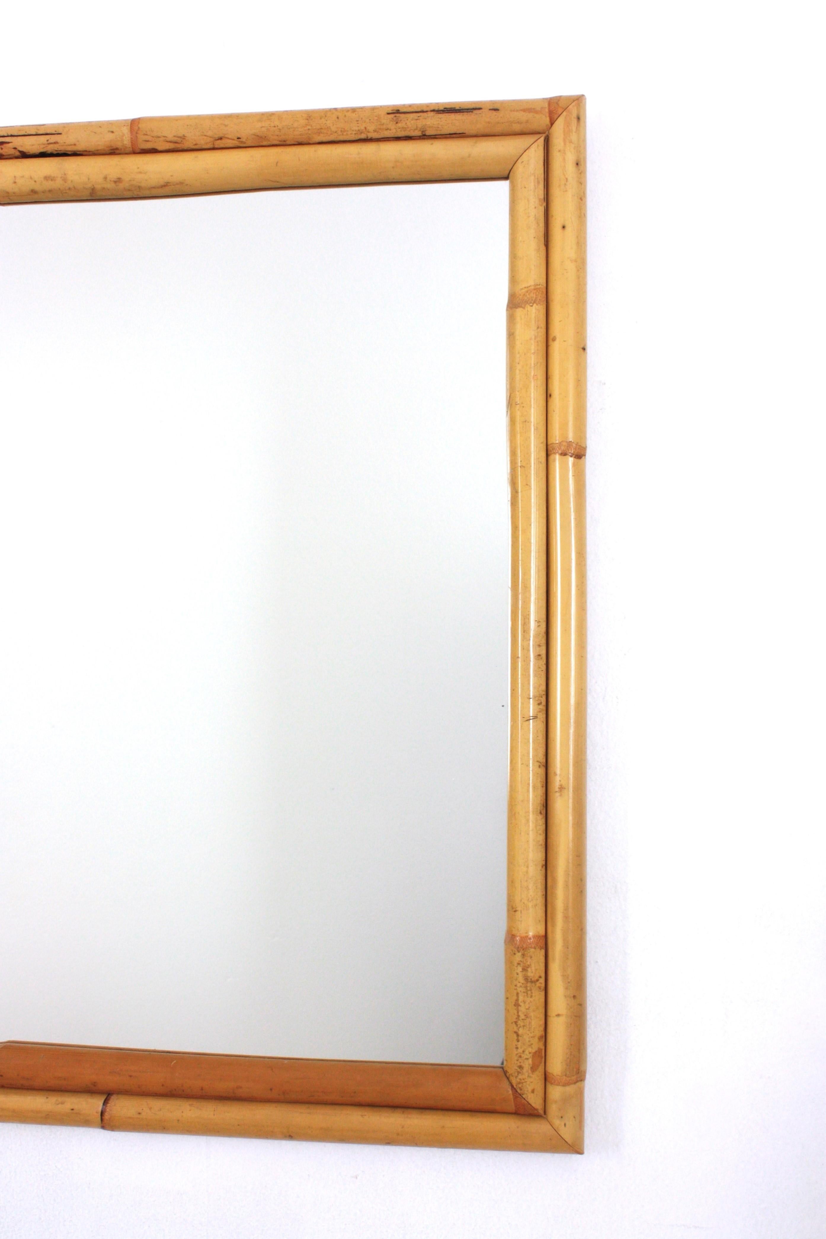 20th Century Rattan Bamboo Rectangular Mirror For Sale