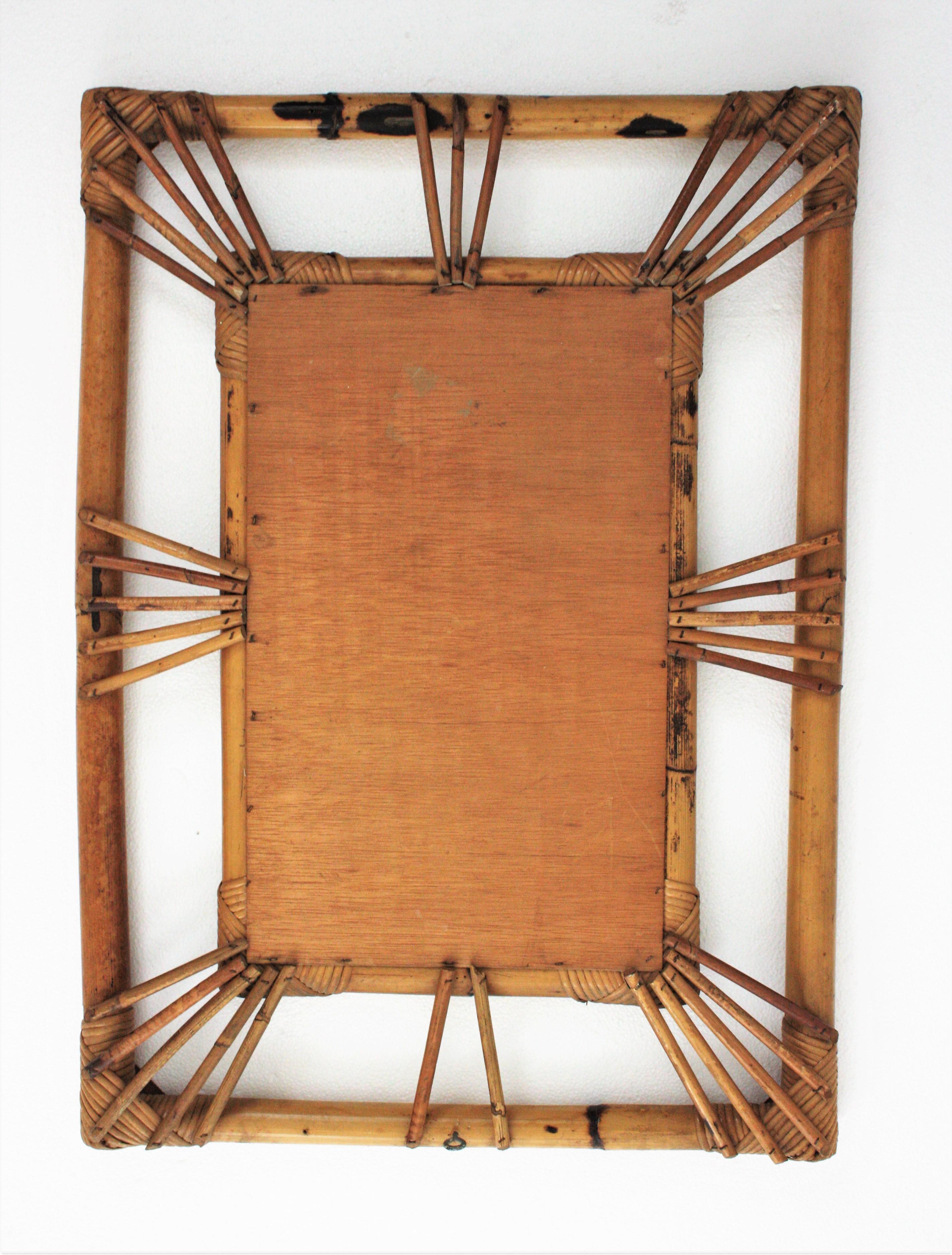 Rattan Bamboo Rectangular Sunburst Mirror, 1960s 4