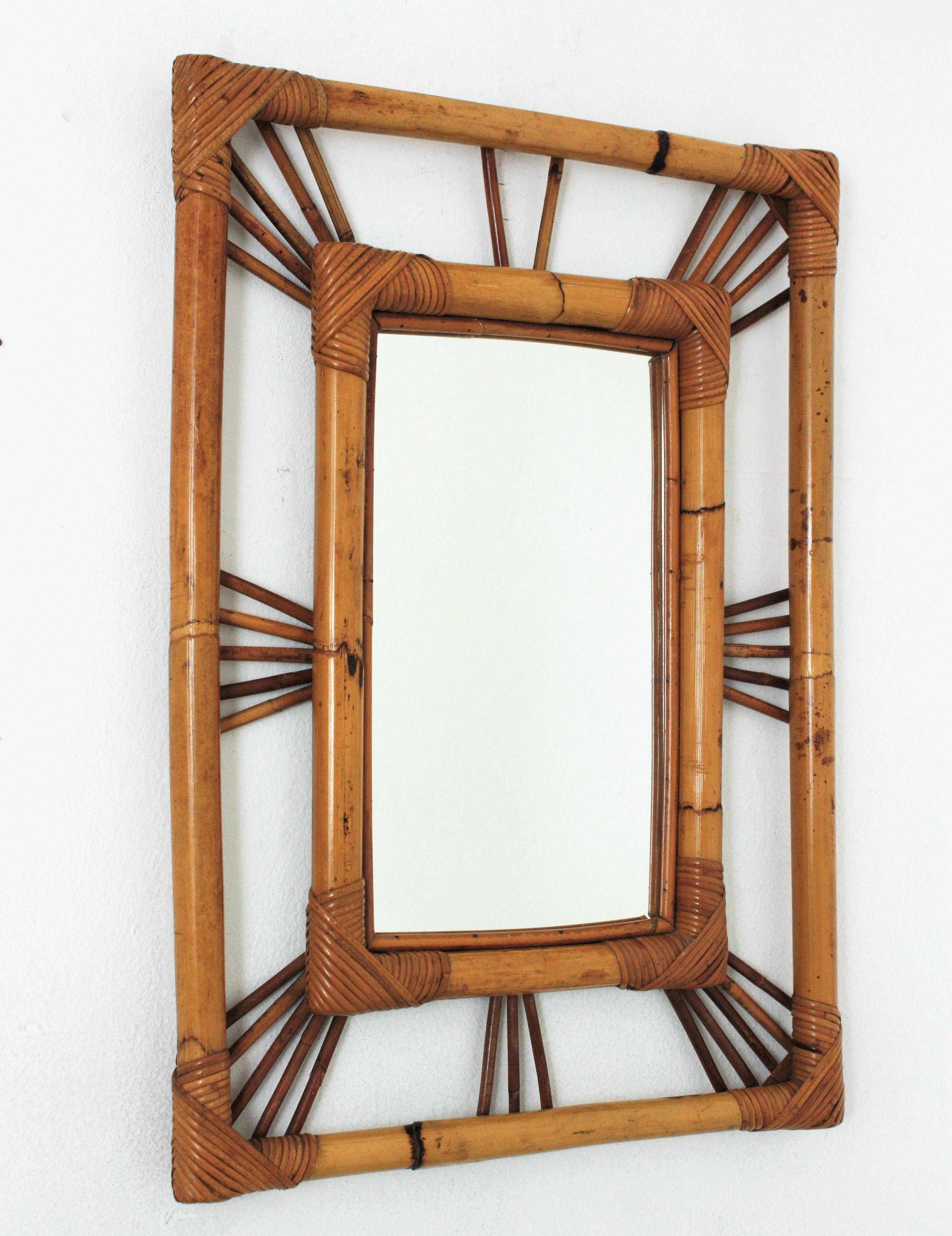 Mid-Century Modern Rattan Bamboo Rectangular Sunburst Mirror, 1960s