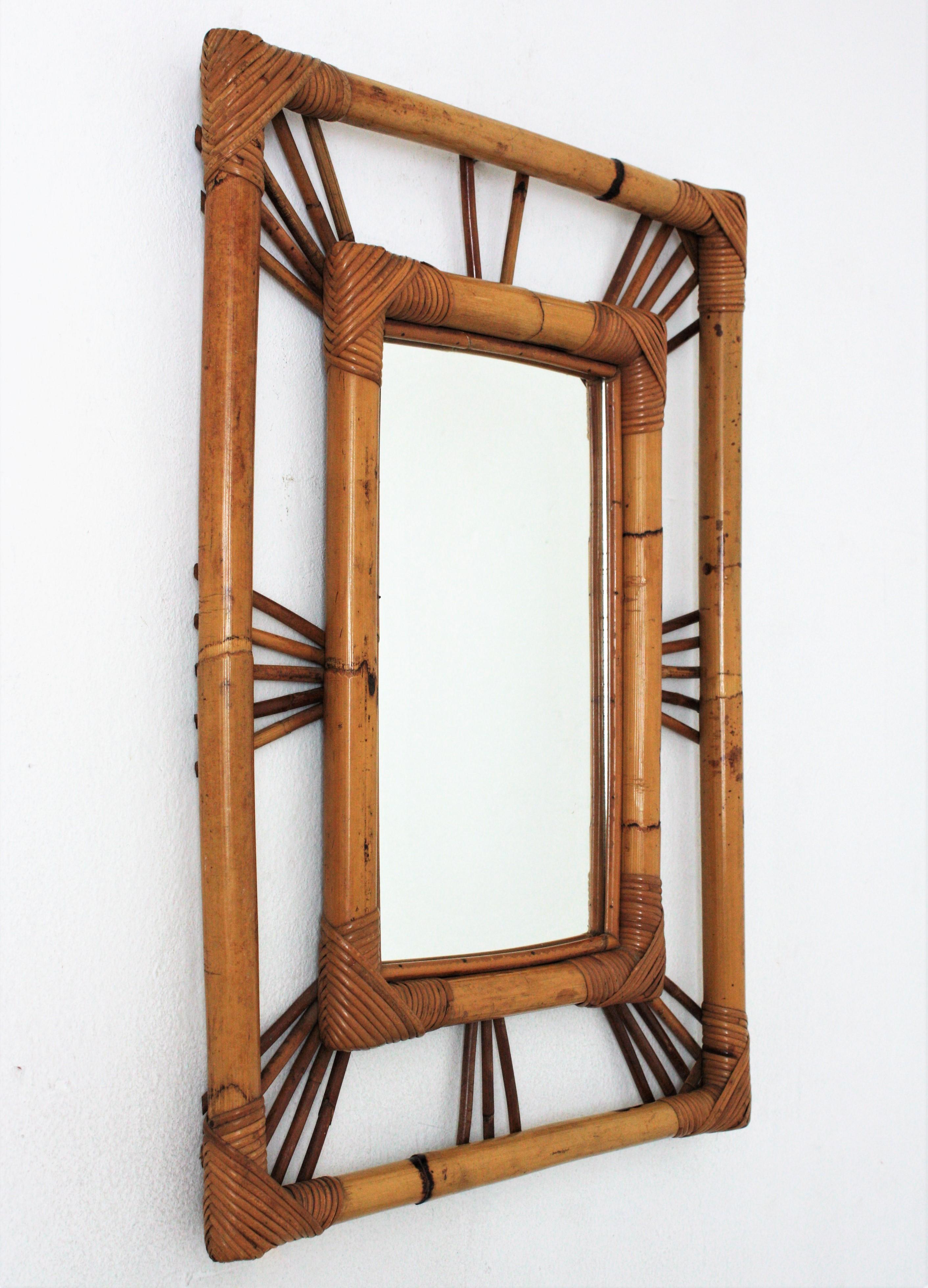 French Rattan Bamboo Rectangular Sunburst Mirror, 1960s