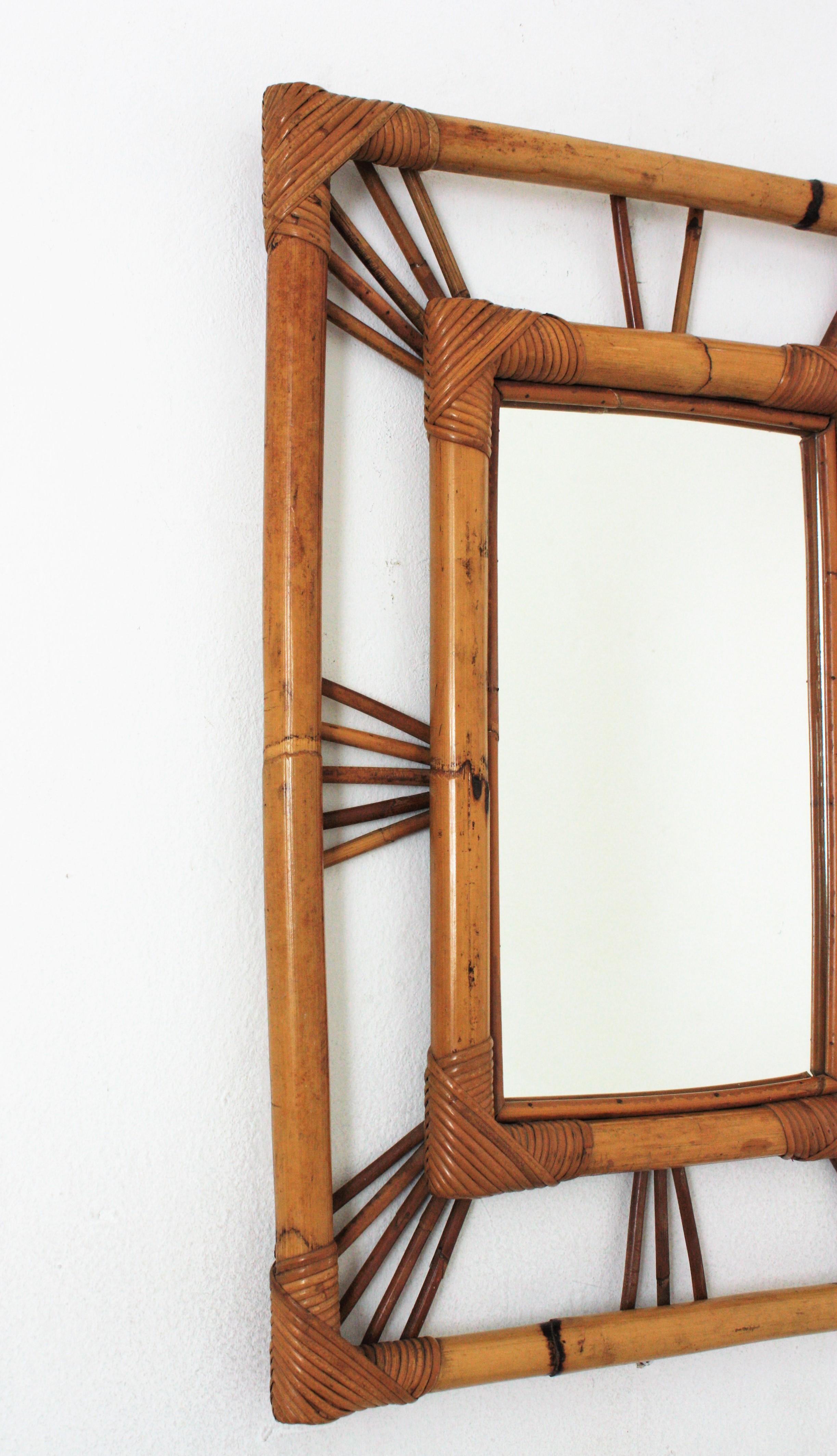 Hand-Crafted Rattan Bamboo Rectangular Sunburst Mirror, 1960s
