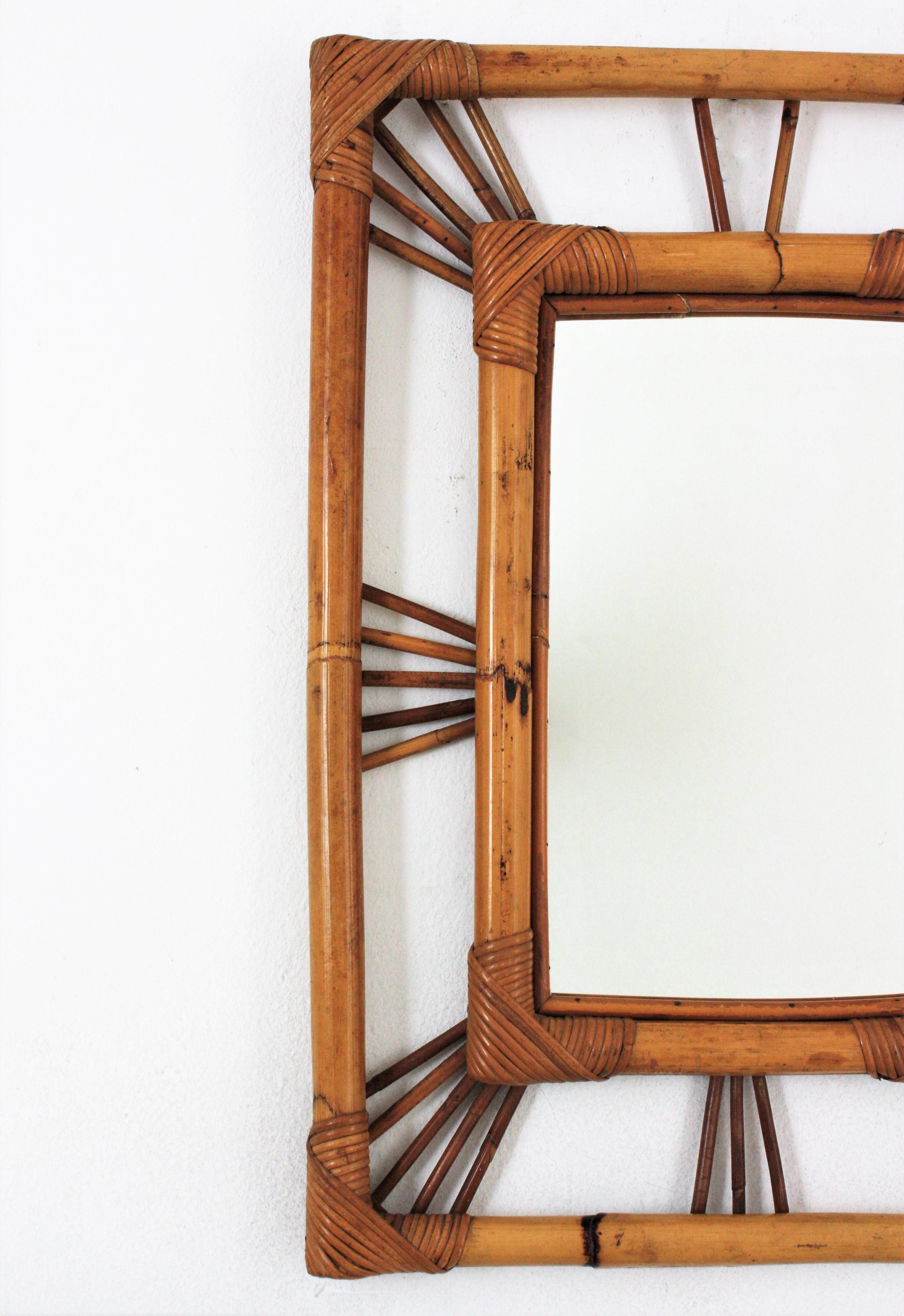 20th Century Rattan Bamboo Rectangular Sunburst Mirror, 1960s