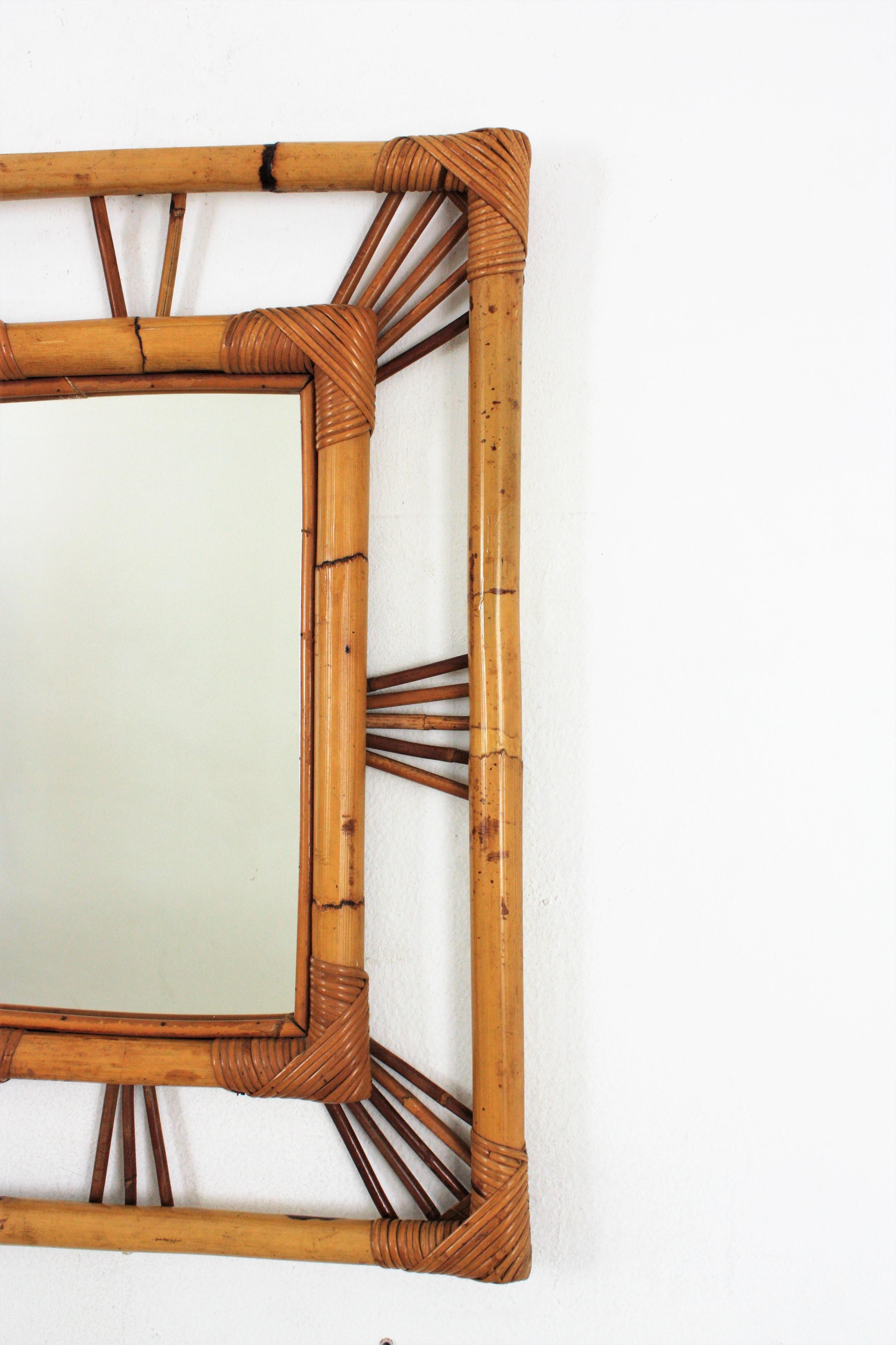 Rattan Bamboo Rectangular Sunburst Mirror, 1960s 1