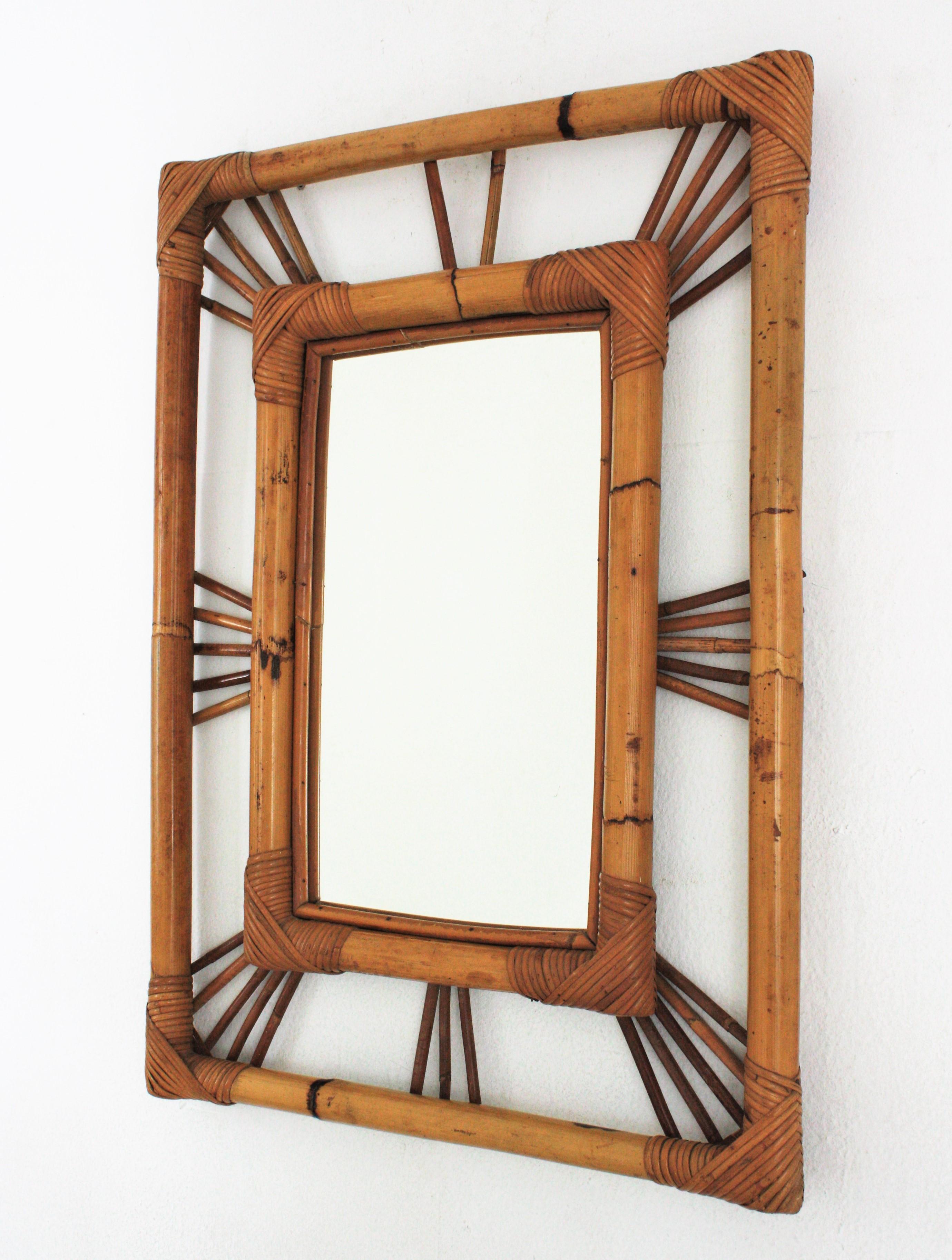 Rattan Bamboo Rectangular Sunburst Mirror, 1960s 2
