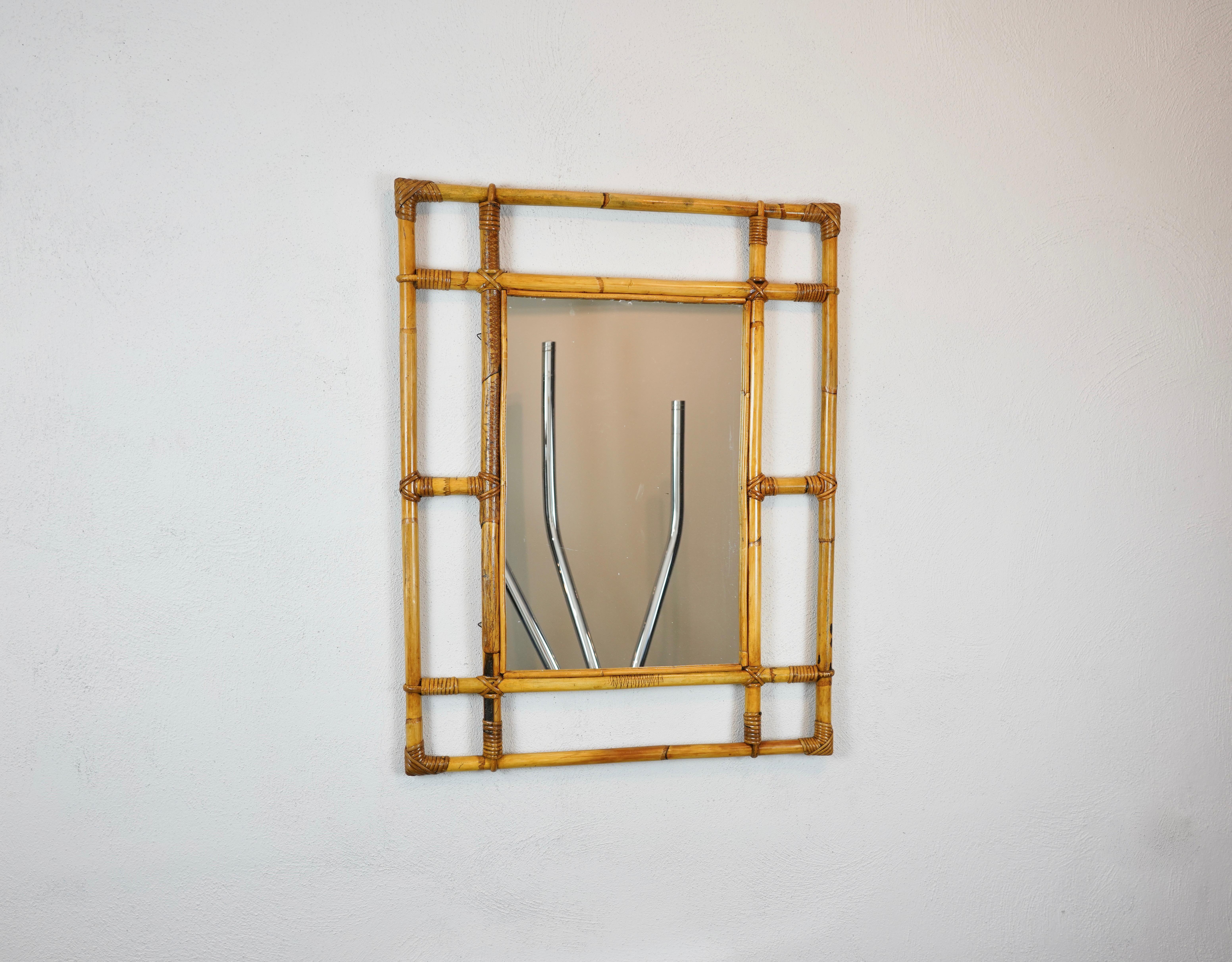 Mid-Century Modern Rattan & Bamboo Rectangular Wall Mirror, Italy, 1960s For Sale