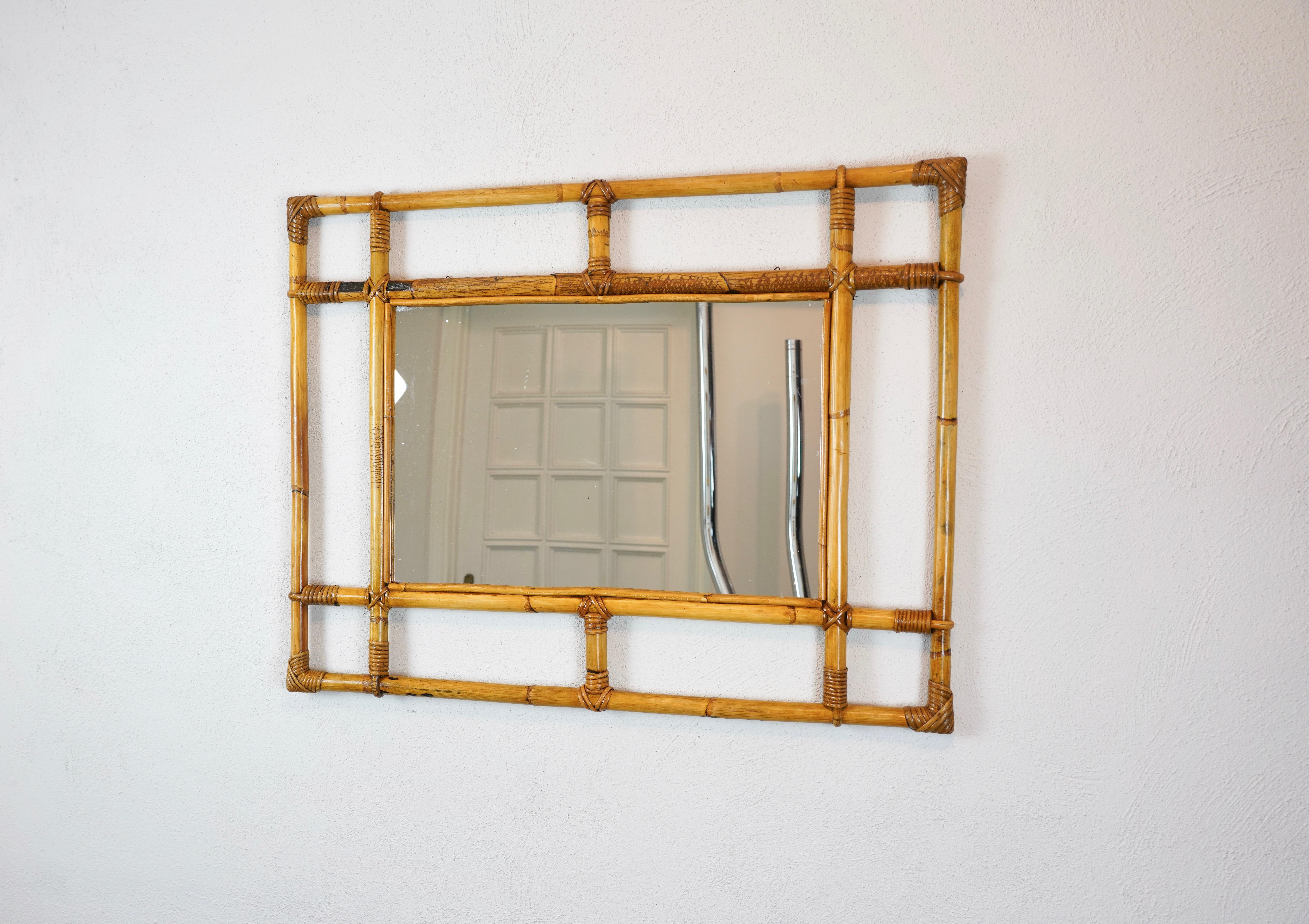 Rattan & Bamboo Rectangular Wall Mirror, Italy, 1960s In Good Condition For Sale In Rome, IT