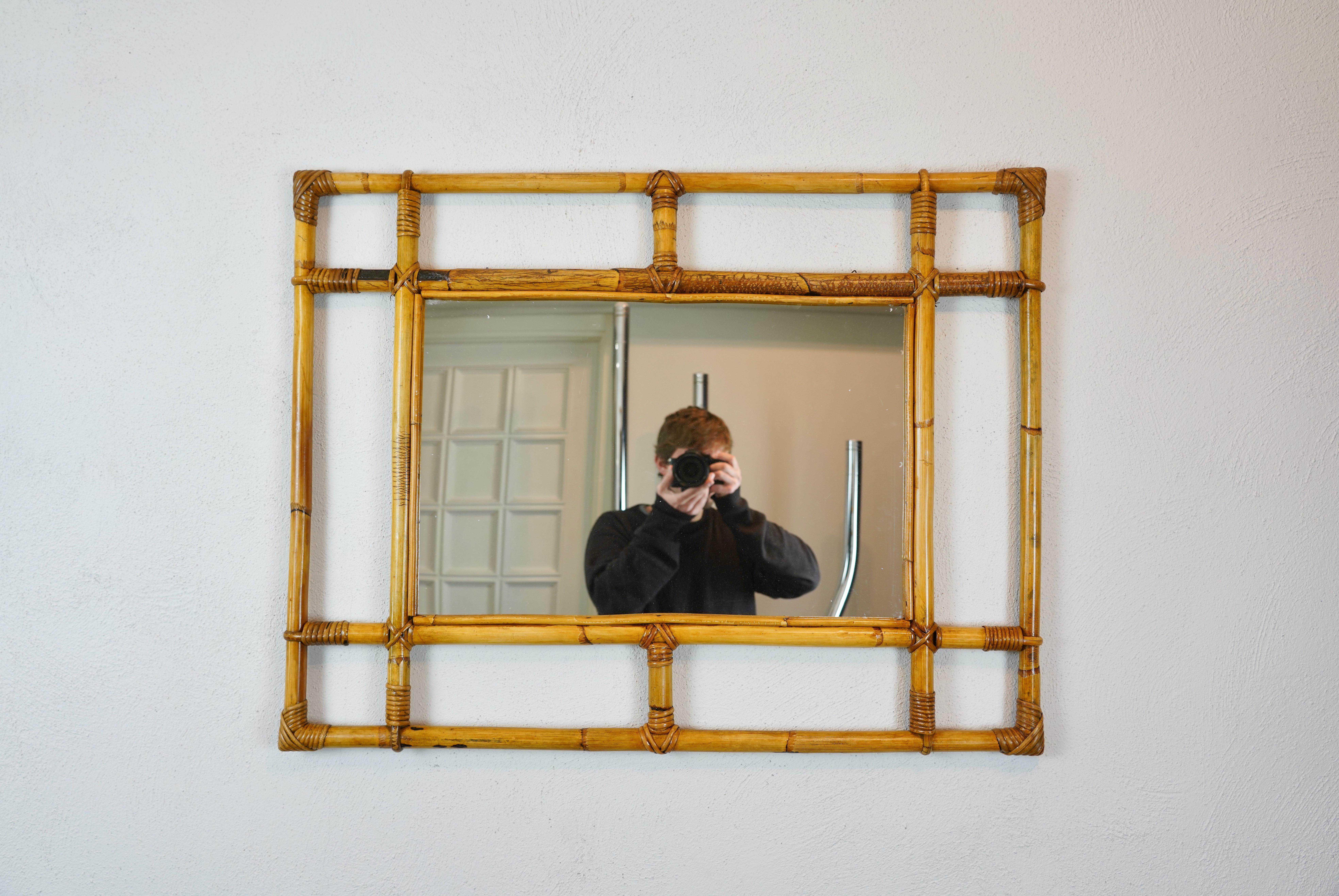 Mid-20th Century Rattan & Bamboo Rectangular Wall Mirror, Italy, 1960s For Sale