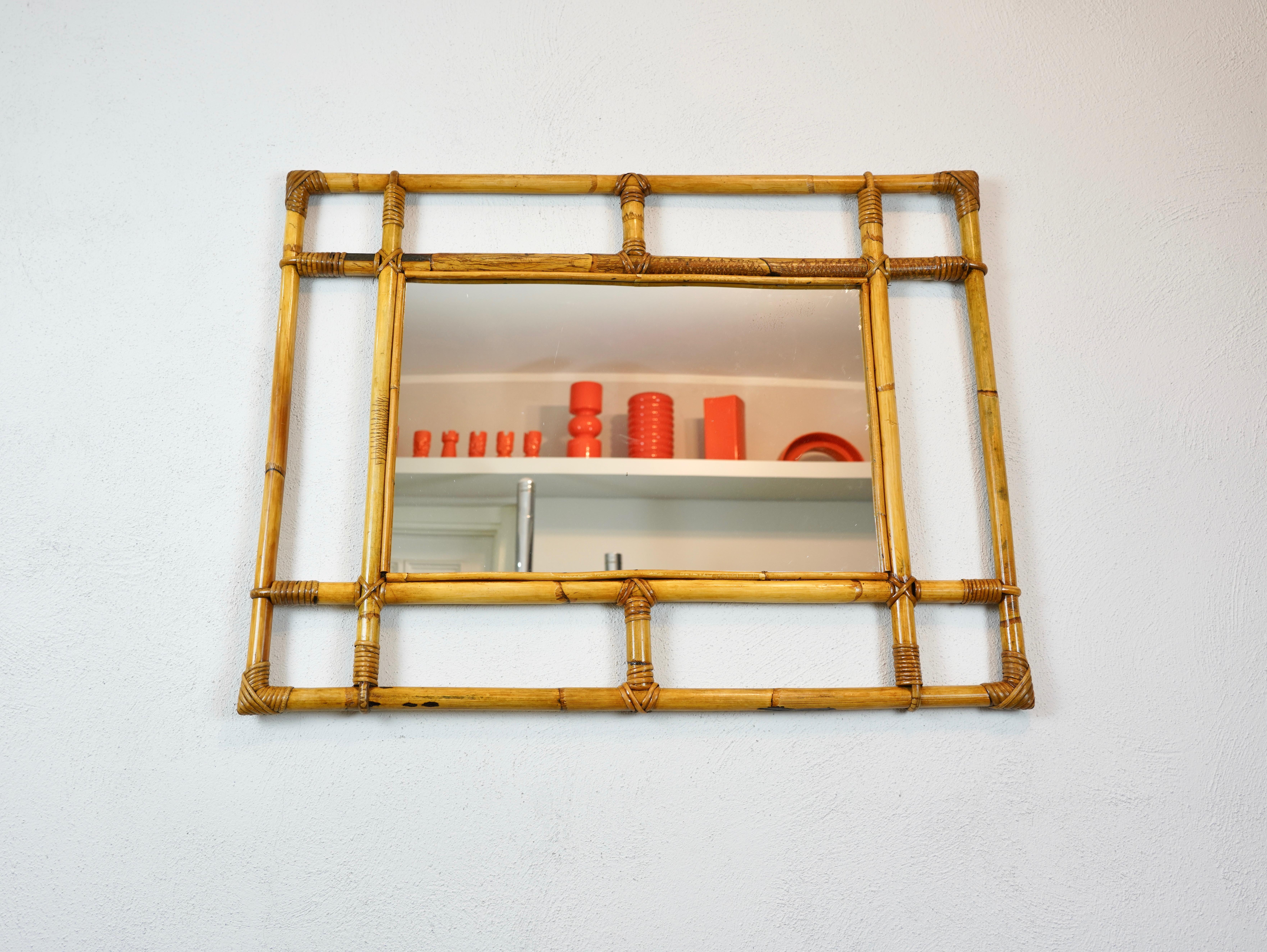 Rattan & Bamboo Rectangular Wall Mirror, Italy, 1960s For Sale 1
