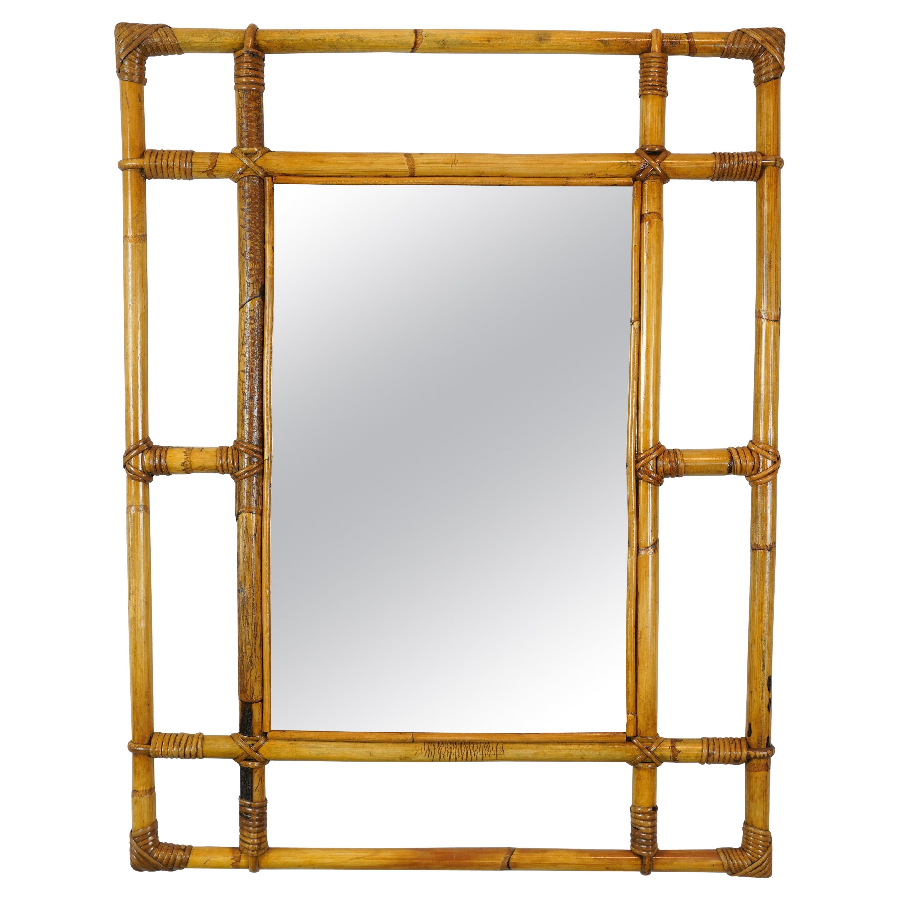 Espejo de pared rectangular de ratán y bambú, Italia, años 60