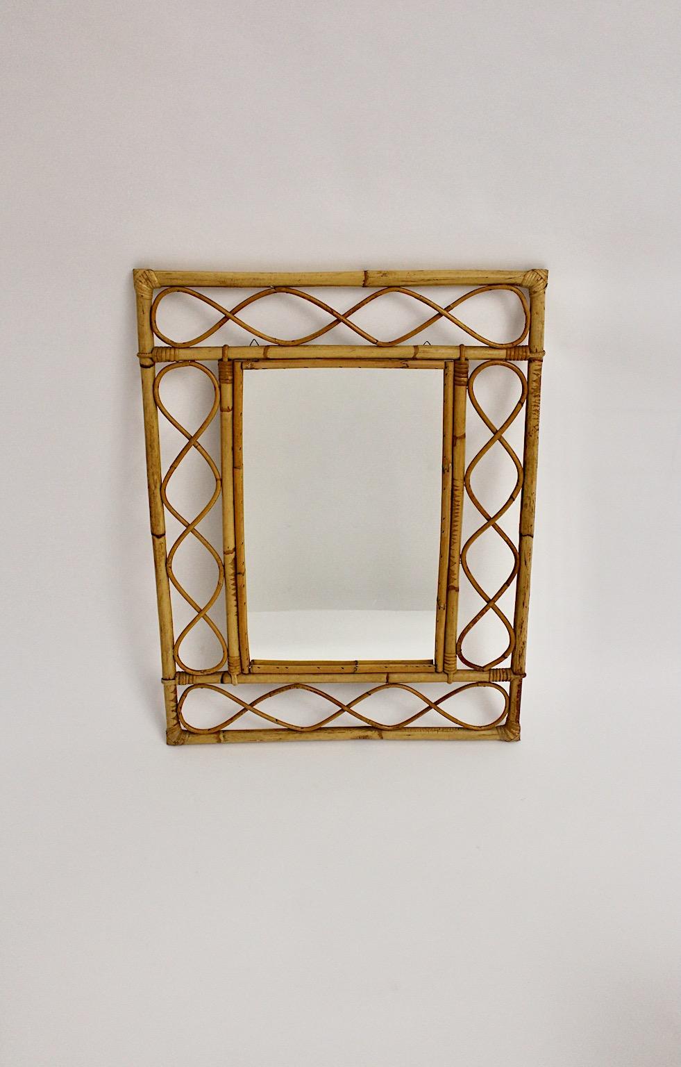 French Rattan Bamboo Riviera Style Organic Modern Vintage Wall Mirror 1970s France