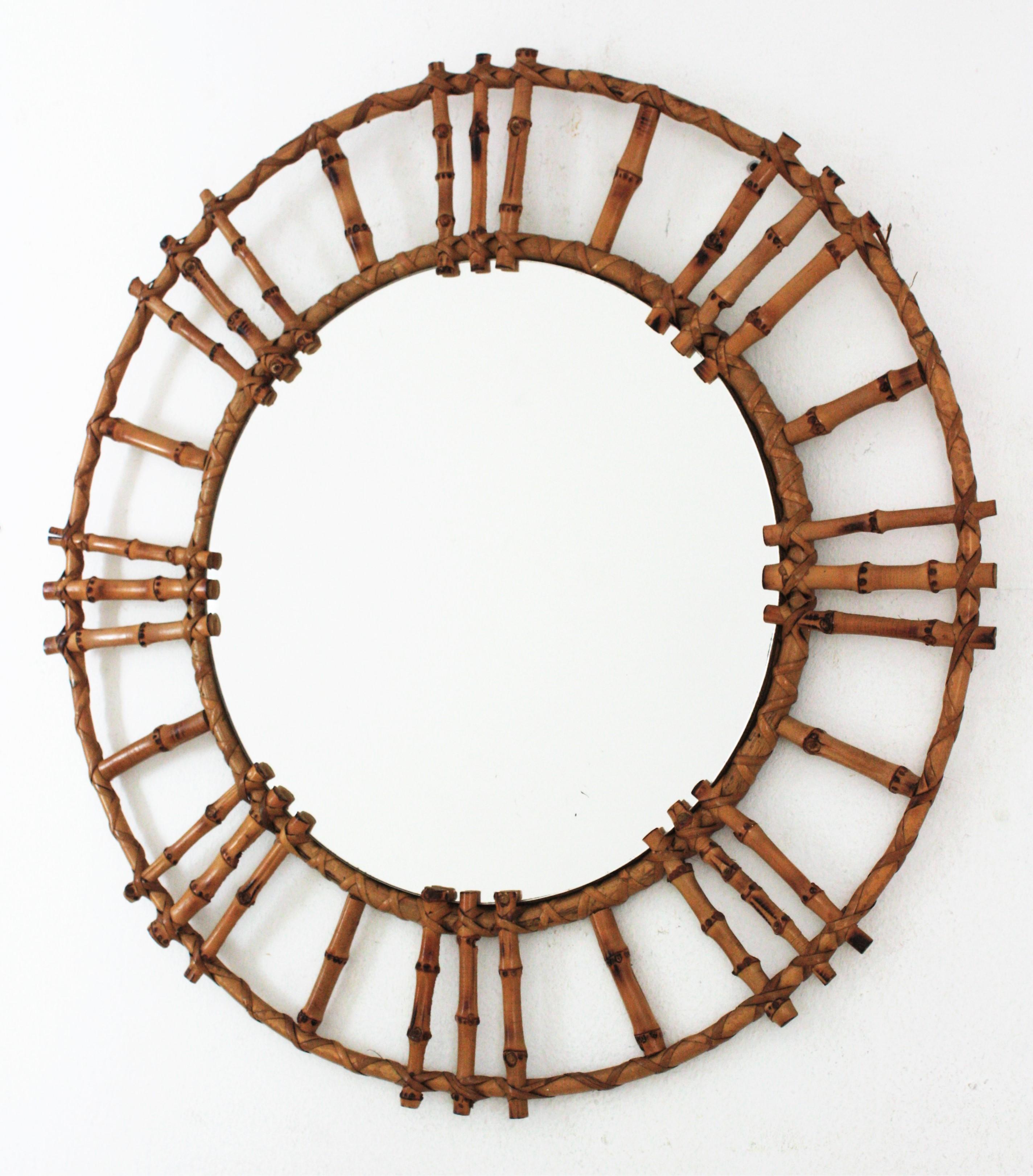 Rattan Bamboo Round Mirror, 1950s For Sale 3
